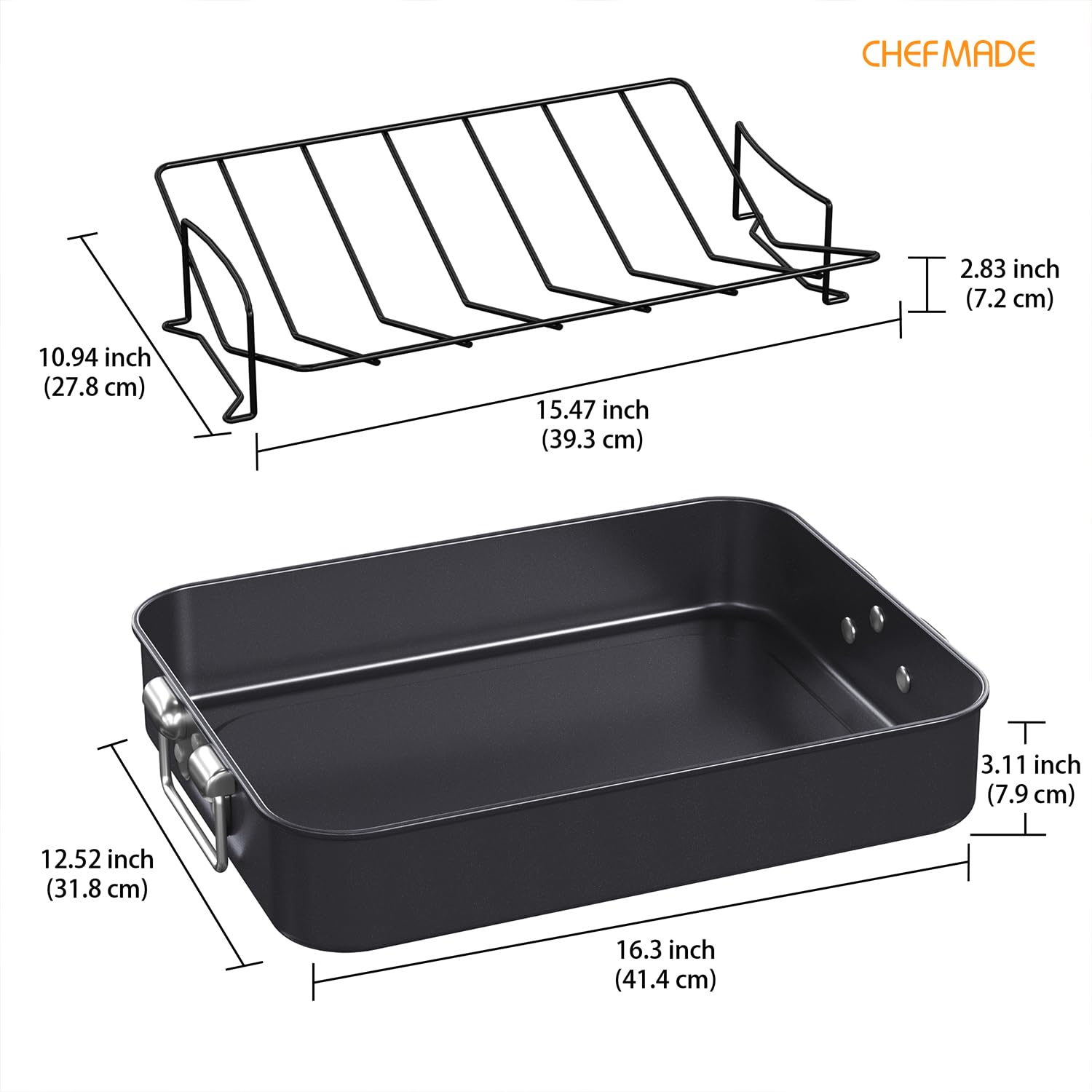 CHEFMADE 16 Inch Turkey Roasting Pan with V Rack - Heavy Duty Deep Lasagna Pan for Oven, BBQ, Meat & Vegetables - 16