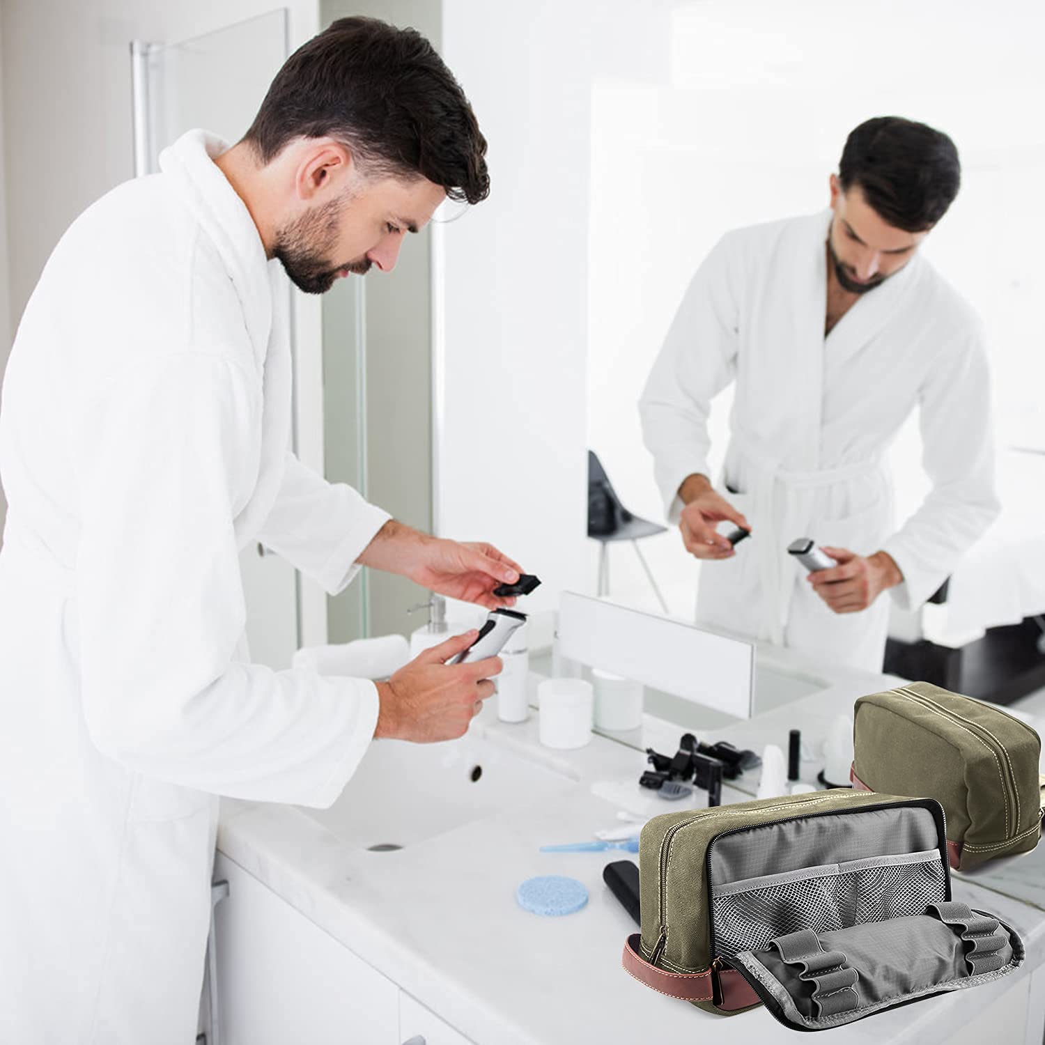 Waterproof Canvas Travel Toiletry Bag for Men & Women - Hanging Vegan Leather Dopp Kit Organizer for Shaving & Bathroom Essentials - Perfect for Camping, Gym & Business Trips