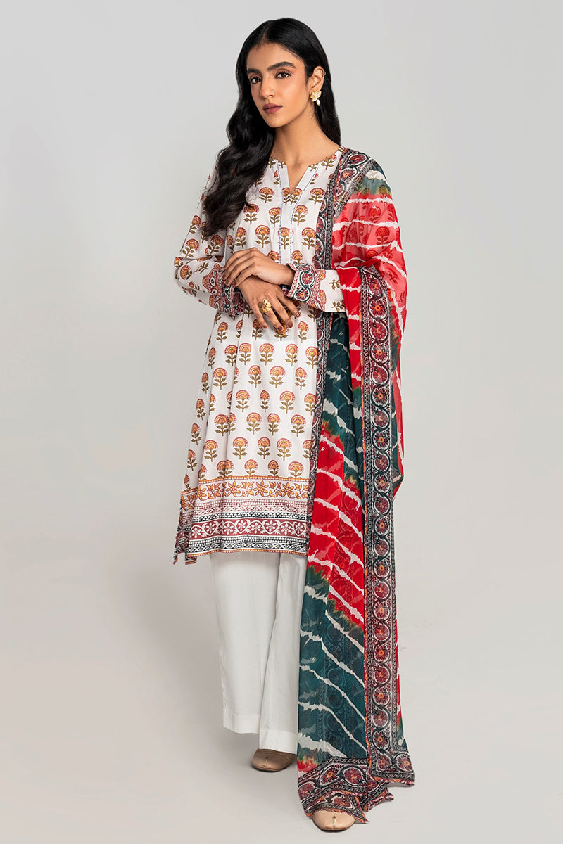 IVORY CHINTZ 3PC PRINTED LAWN SUIT - Elegant Floral Printed Cotton Outfit for Women | Perfect for Summer Parties, Weddings & Formal Occasions