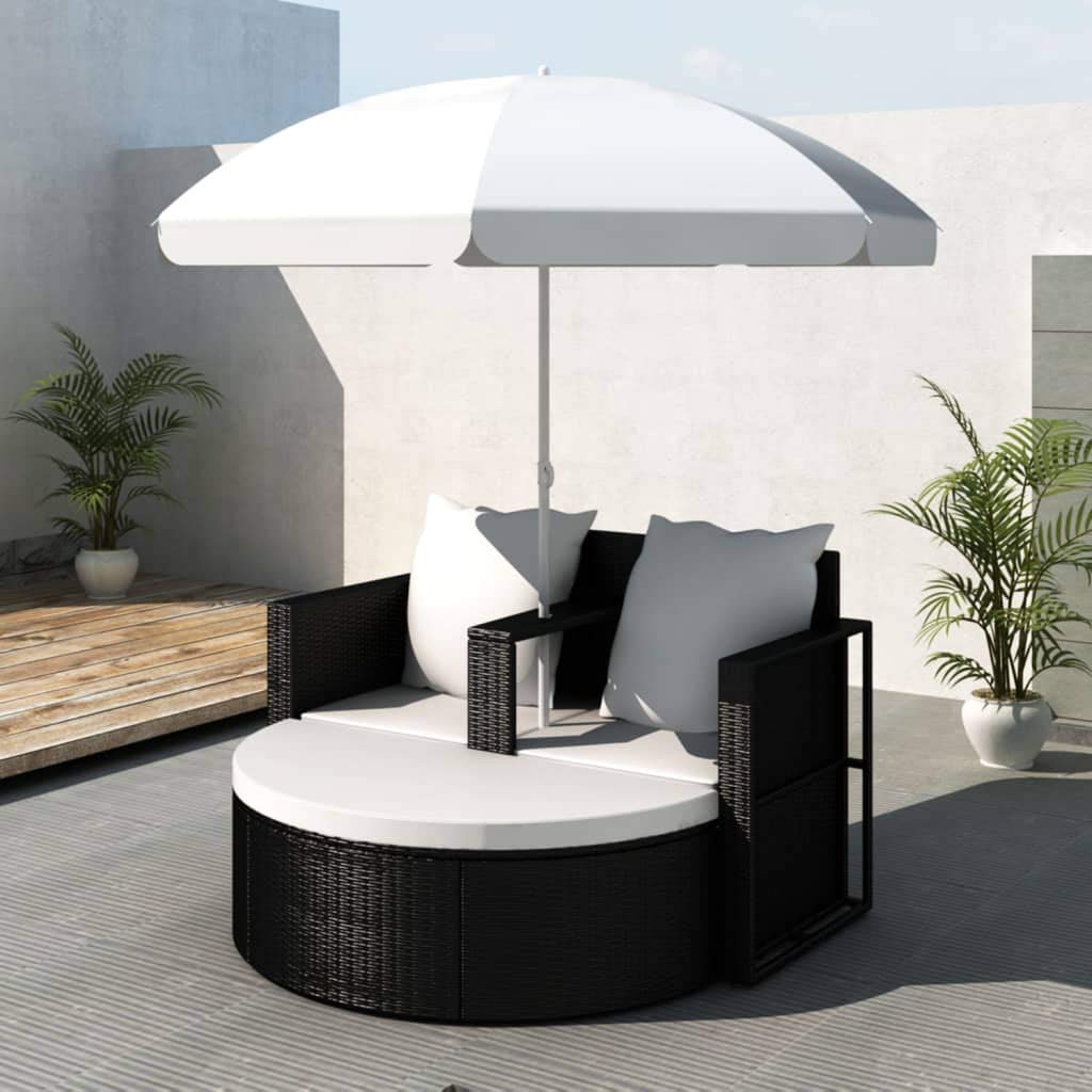 Premium Round Outdoor Daybed with Retractable Sunshade - PE Wicker Rattan Patio Sectional Sofa Set for Garden, Backyard, Poolside & Patio - Weather-Resistant Black Furniture for Relaxing & Lounging