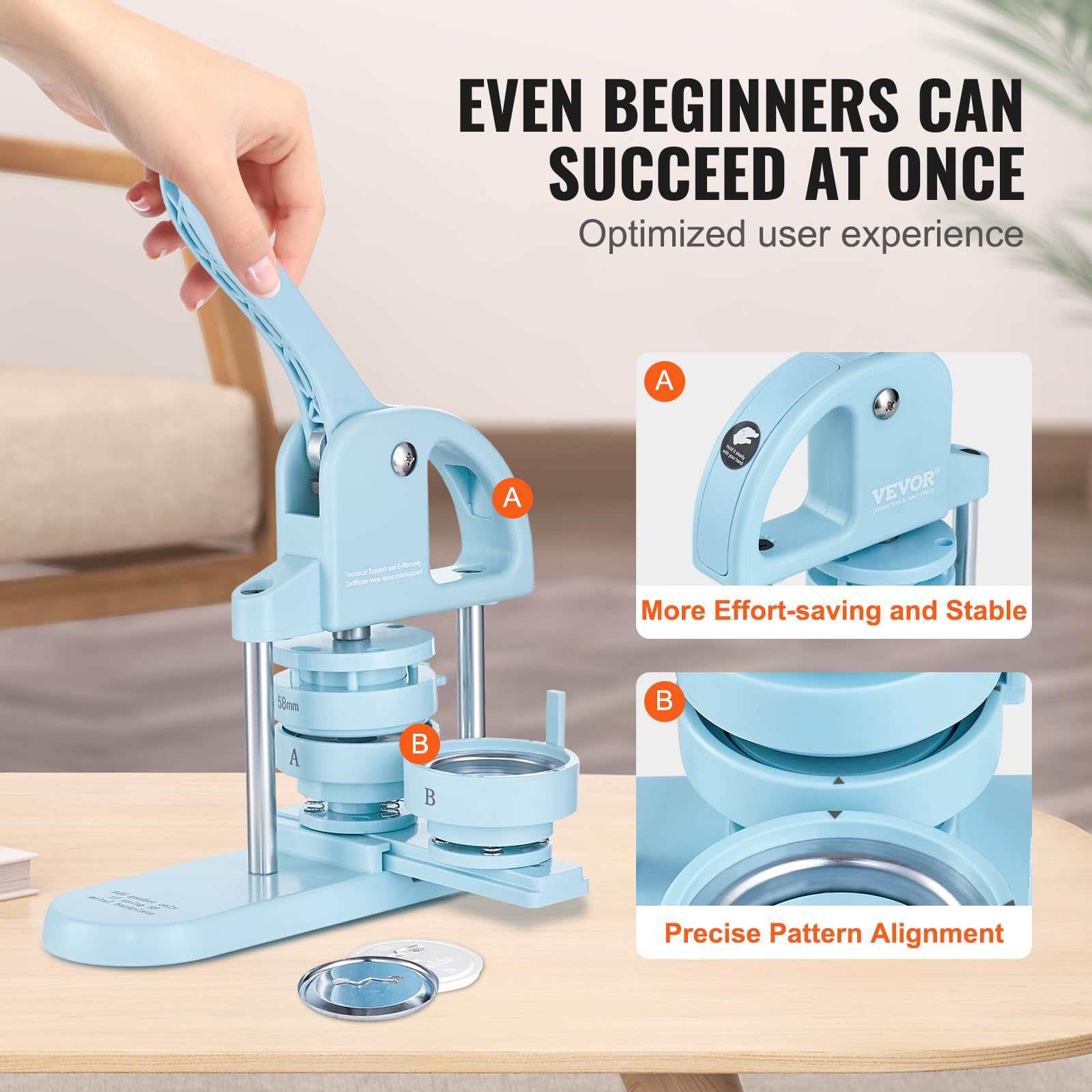 VEVOR 3-in-1 Button Maker Machine Kit - 1/1.25/2.28 Inch (25/32/58mm) Pin Badge Press with 300pcs Button Parts & Panda Magic Book - Ergonomic Arc Handle Punch Press for DIY Crafts, School Projects, Party Favors and Kids Gifts (Blue)