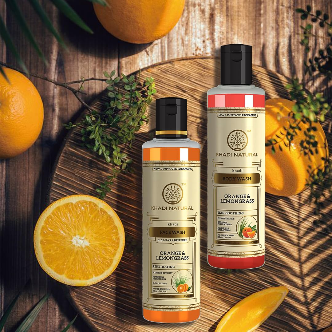 Khadi Natural Orange & Lemongrass Face Wash & Body Wash Combo (210ml Each) - Detoxifies, Cleanses Skin & Regulates Oil Production | SLS & Paraben Free | Perfect for Daily Skincare Routine & Refreshing Morning Showers