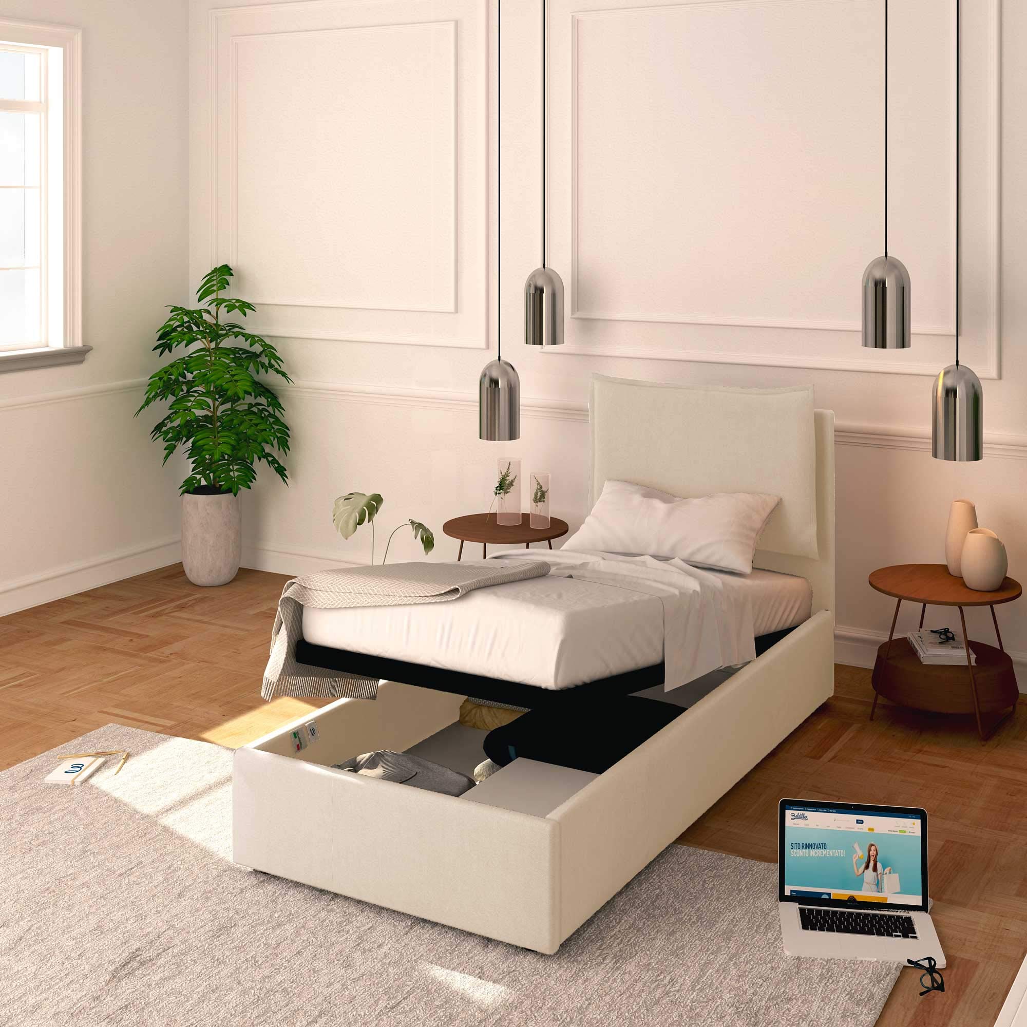 Baldiflex Single Bed with Storage - Synthetic Leather Upholstered Frame, Slatted Base for Single Mattresses, 80 x 200 cm, Padded Headboard in White - Perfect for Small Bedrooms, Guest Rooms & Studio Apartments