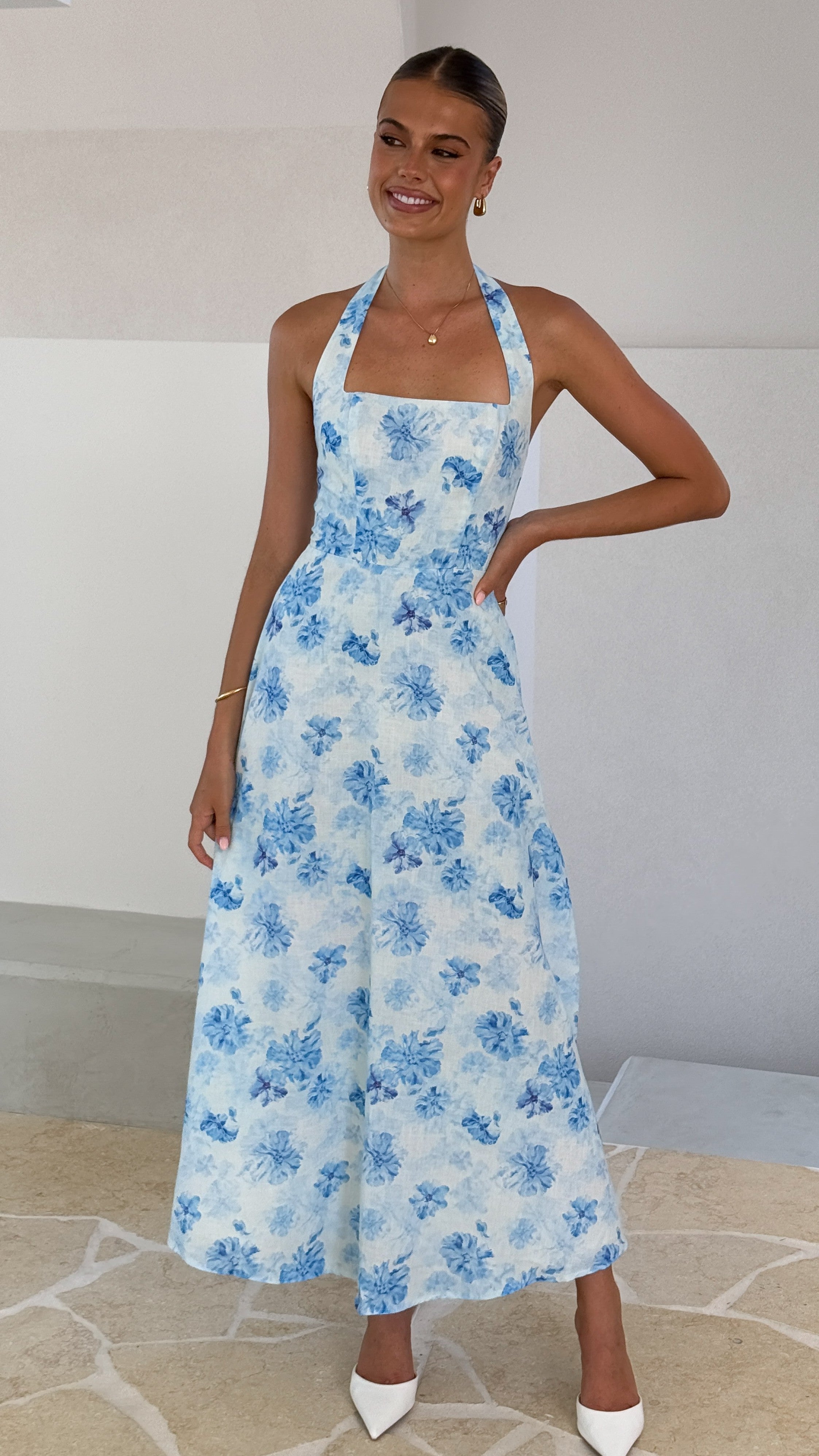 Mady Maxi Dress - Blue Floral Print Long Summer Dress for Women, Beach Vacation & Casual Outings