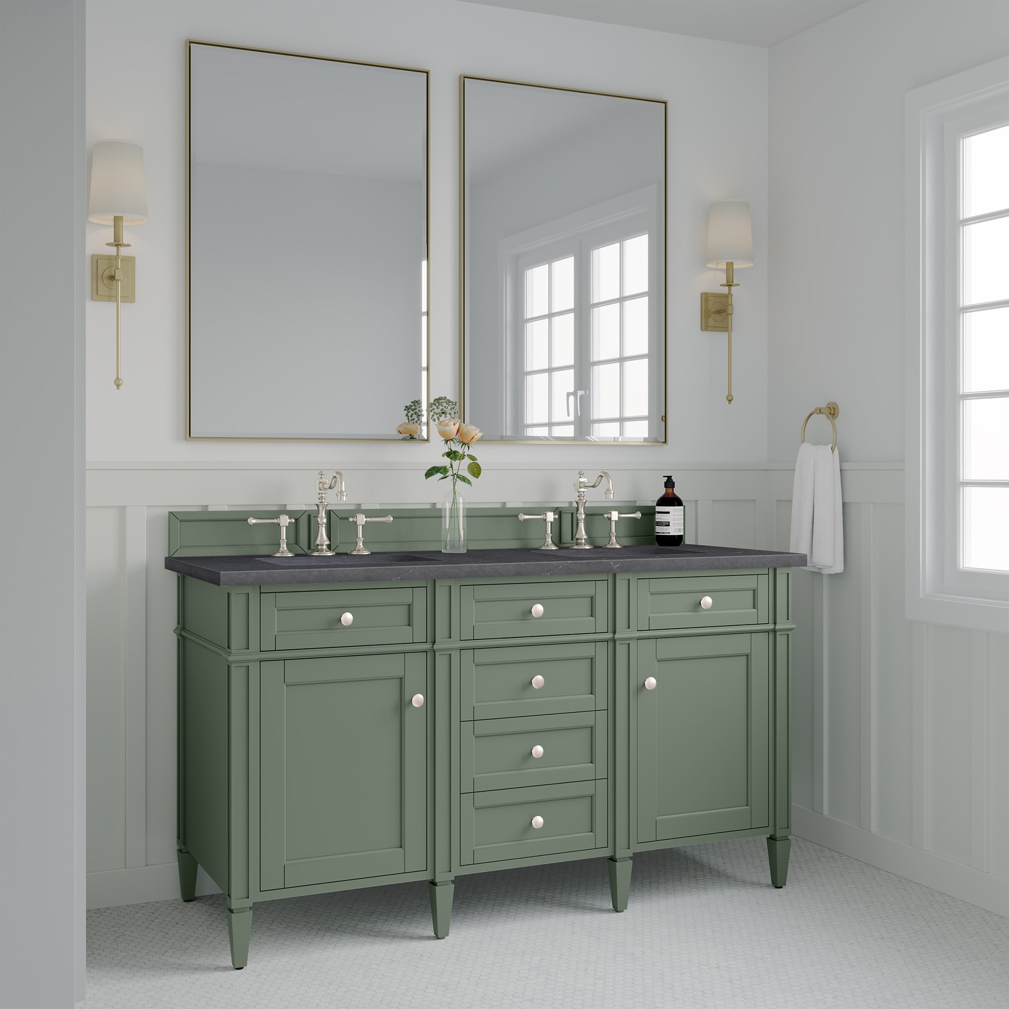 Brittany 60-Inch Double Vanity with Smokey Celadon Finish & 3CM Charcoal Soapstone Top - Perfect for Master Bathroom Renovation and Modern Home Decor