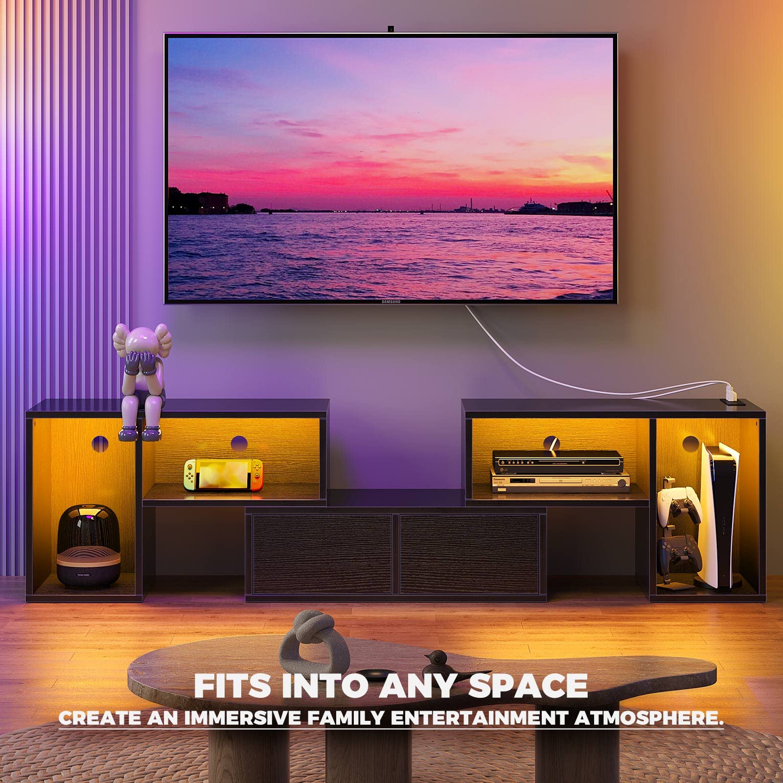 Rolanstar Modern TV Stand with Power Outlets & LED Lights - Adjustable Entertainment Center for 45-70 Inch TVs - 3-Piece Set with 2 Storage Cabinets & Open Shelves (Black) - Perfect for Living Room, Bedroom & Home Theater Setup
