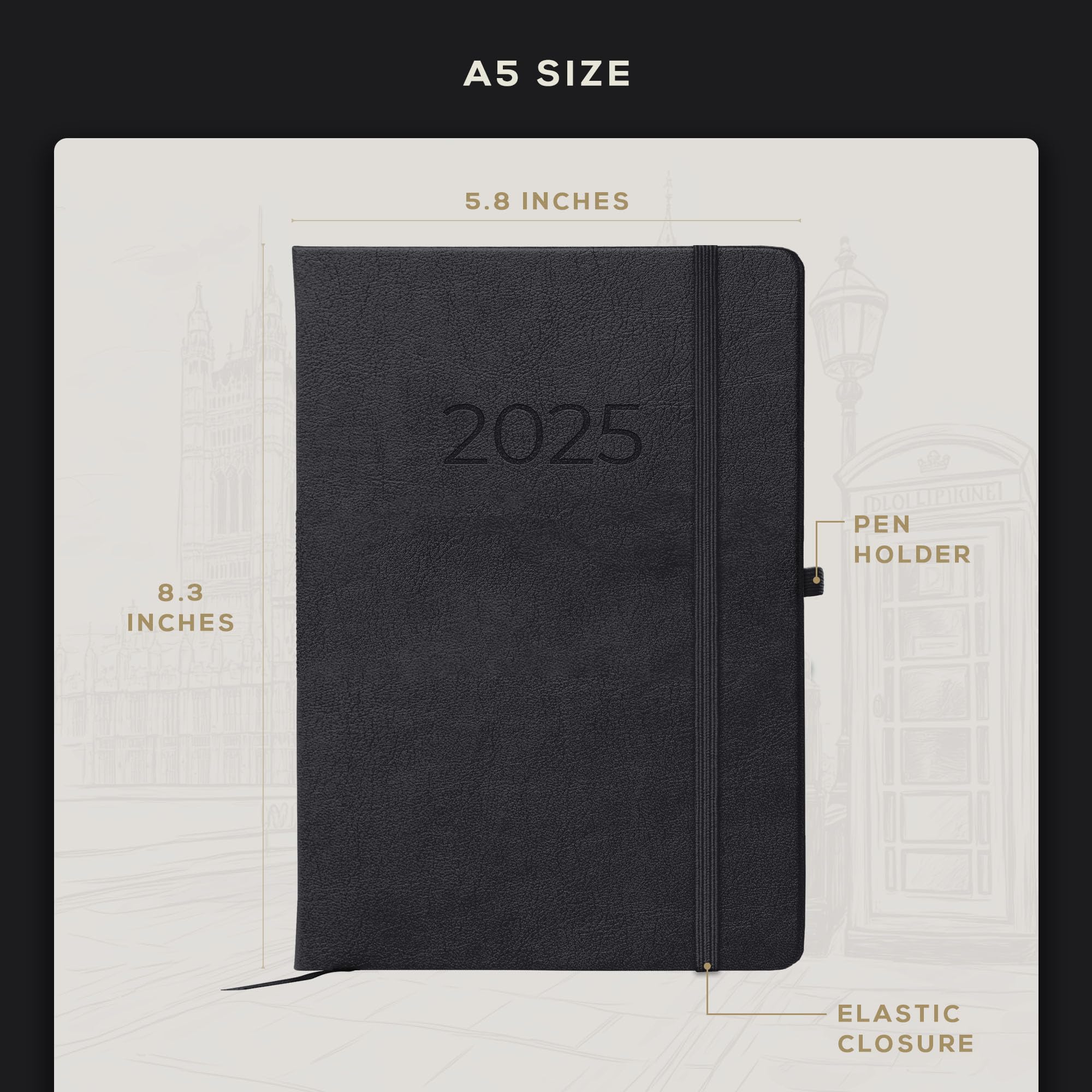 Beechmore Books 2025 Premium A5 Planner - Black Vegan Leather Hardcover Journal with 120gsm Thick Paper | Yearly & Monthly Views, Goal Setting, Appointment Scheduling | Perfect for Work, School & Personal Organization | Gift Box Included