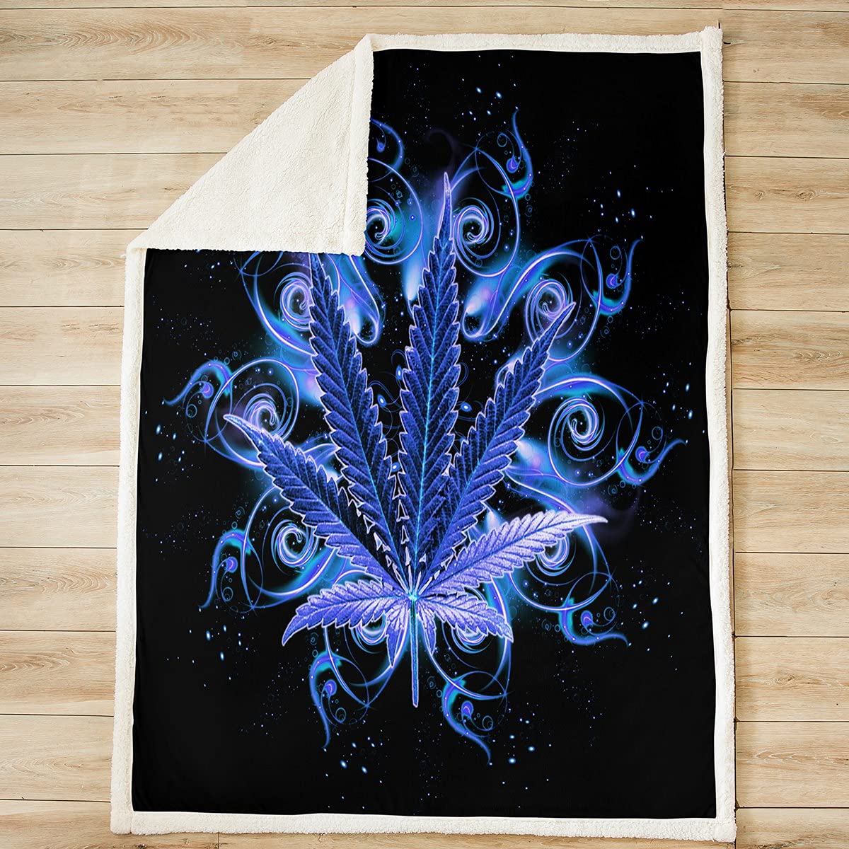 **Premium Cannabis Leaf Sherpa Fleece Throw Blanket - Soft Plush Bohemian Trippy Design for Bed, Sofa & Couch - Blue Twin Size 60