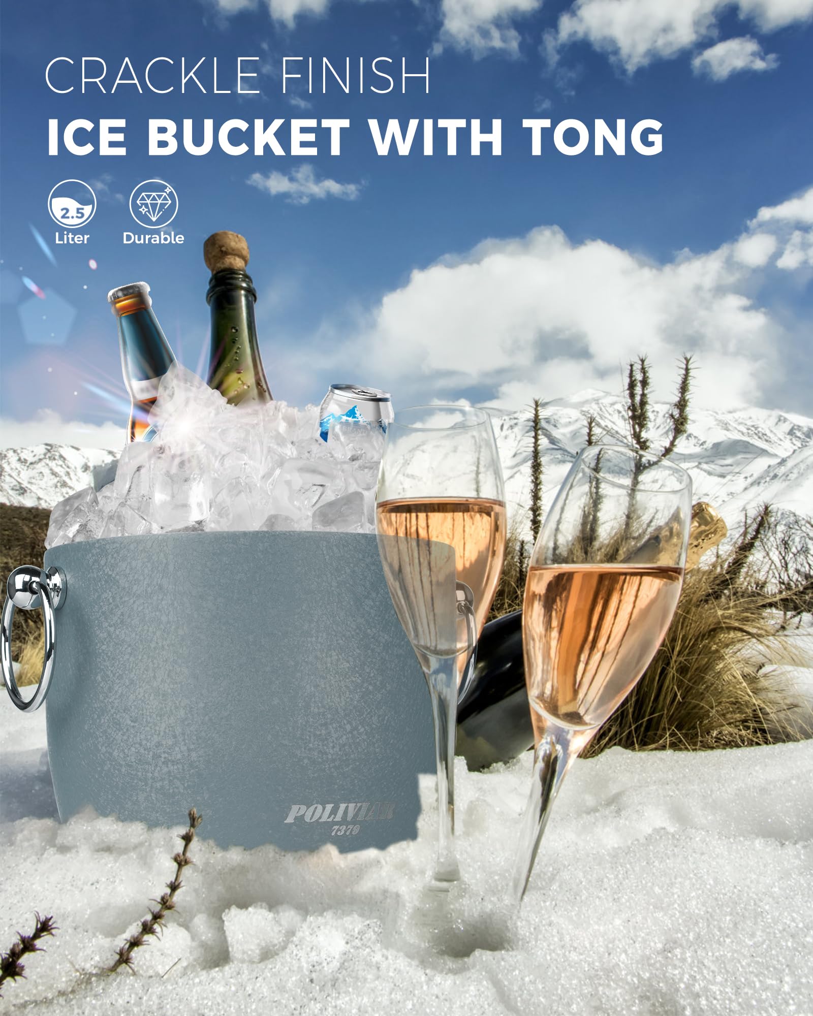 POLIVIAR 2.5L Stainless Steel Ice Bucket with Lid - Double Wall Insulated Cocktail Ice Bucket with Tong & Strainer - Perfect for Home Bars, Parties, Weddings & Outdoor Events - Keeps Ice Cold Longer for Drinks & Beverages