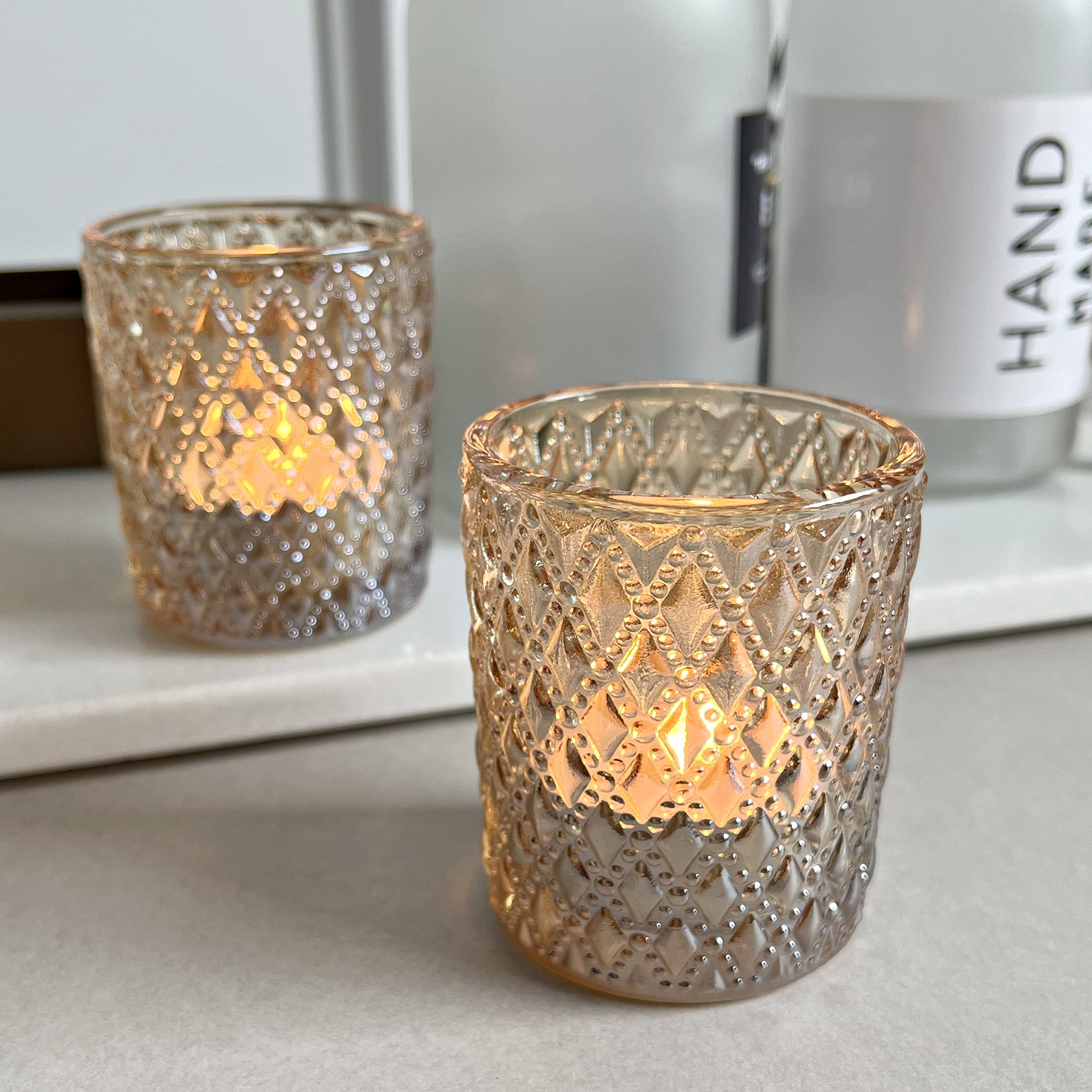 SHMILMH 12-Pack Champagne Gold Glass Votive Candle Holders - Elegant Tealight Candle Holders for Wedding Centerpieces, Birthday Party Decor, Halloween & Thanksgiving Table Settings - Perfect for Romantic Dinners, Spa Nights and Holiday Home Decor