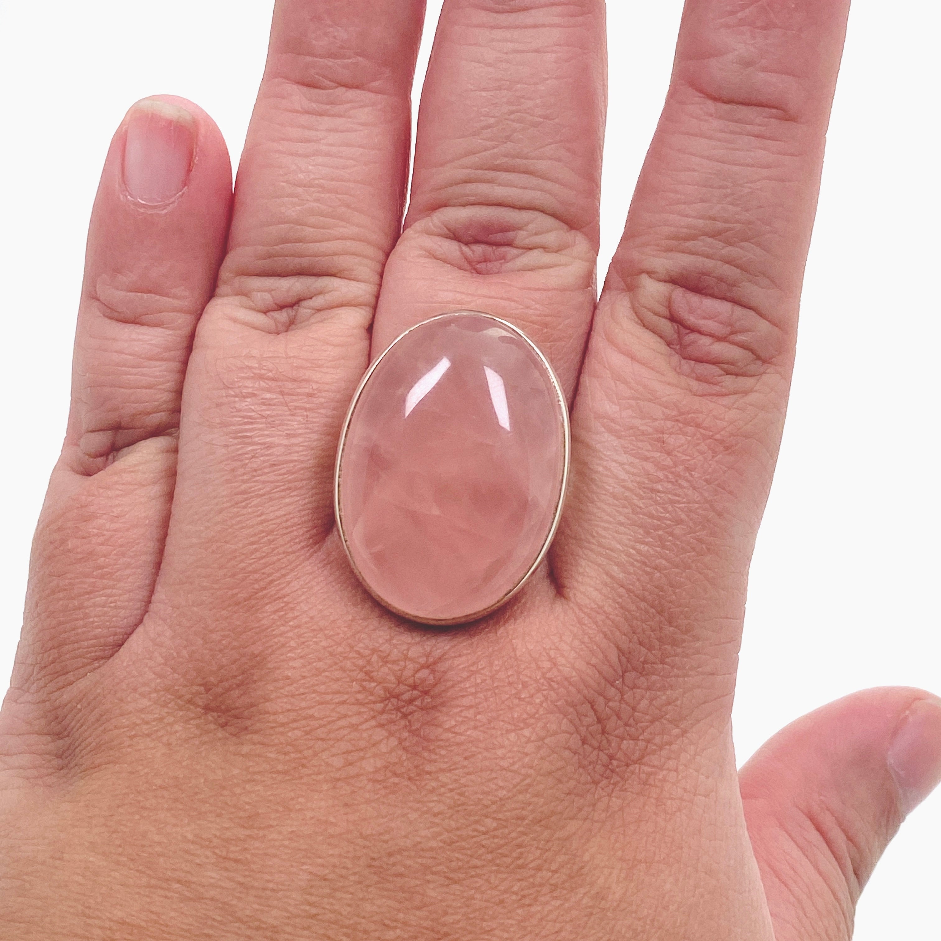 Rose Quartz Oval Cabochon Ring - Size 12 Sterling Silver Adjustable Band - PRGJ556 - Perfect for Meditation, Healing & Boho Fashion Jewelry