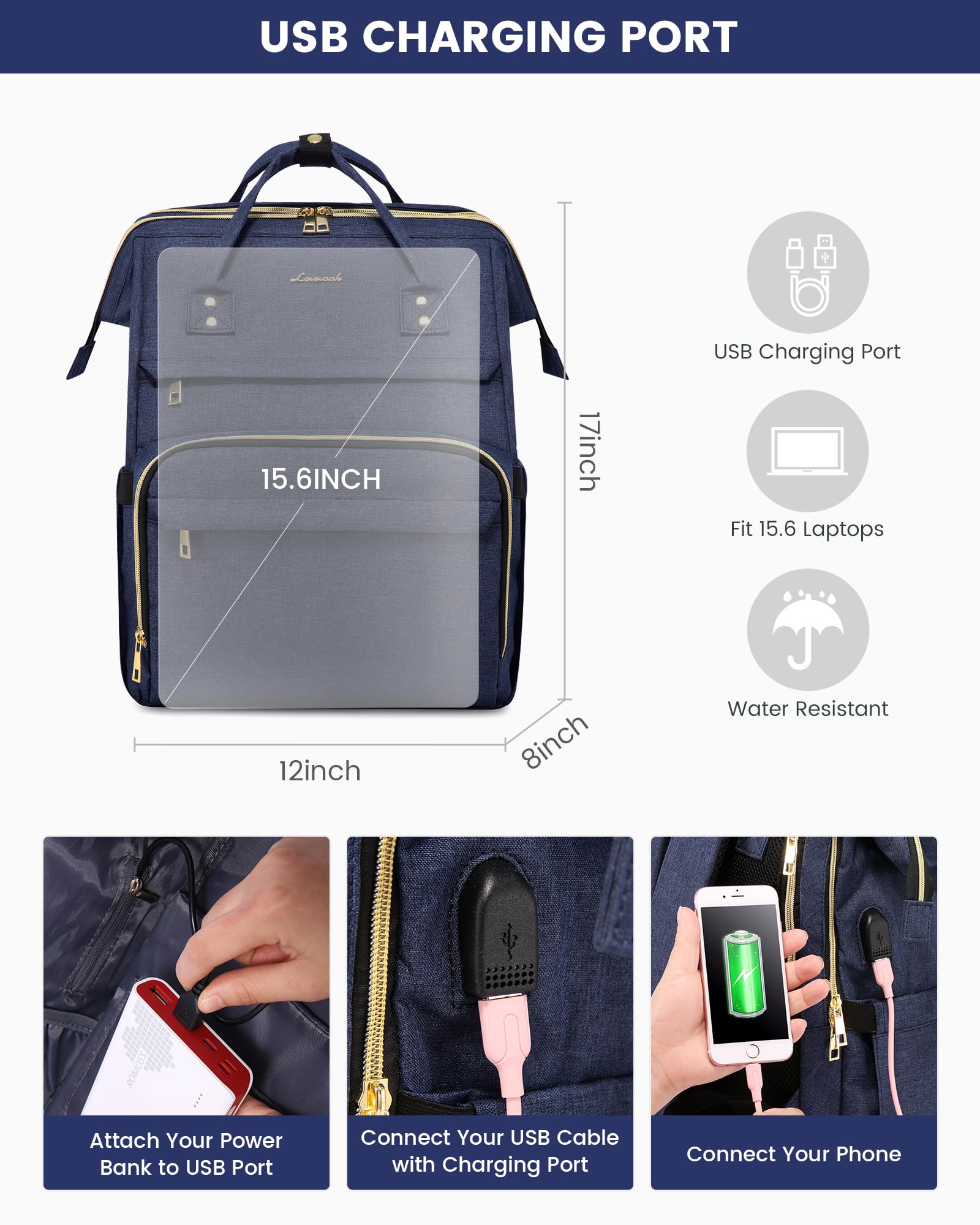 LOVEVOOK Women's 15.6 Inch Laptop Backpack - Water Resistant Anti-Theft Travel Backpack with USB Charging Port & Laptop Compartment - Perfect for Work, School, College, Business Trips & Commuting - Navy Blue