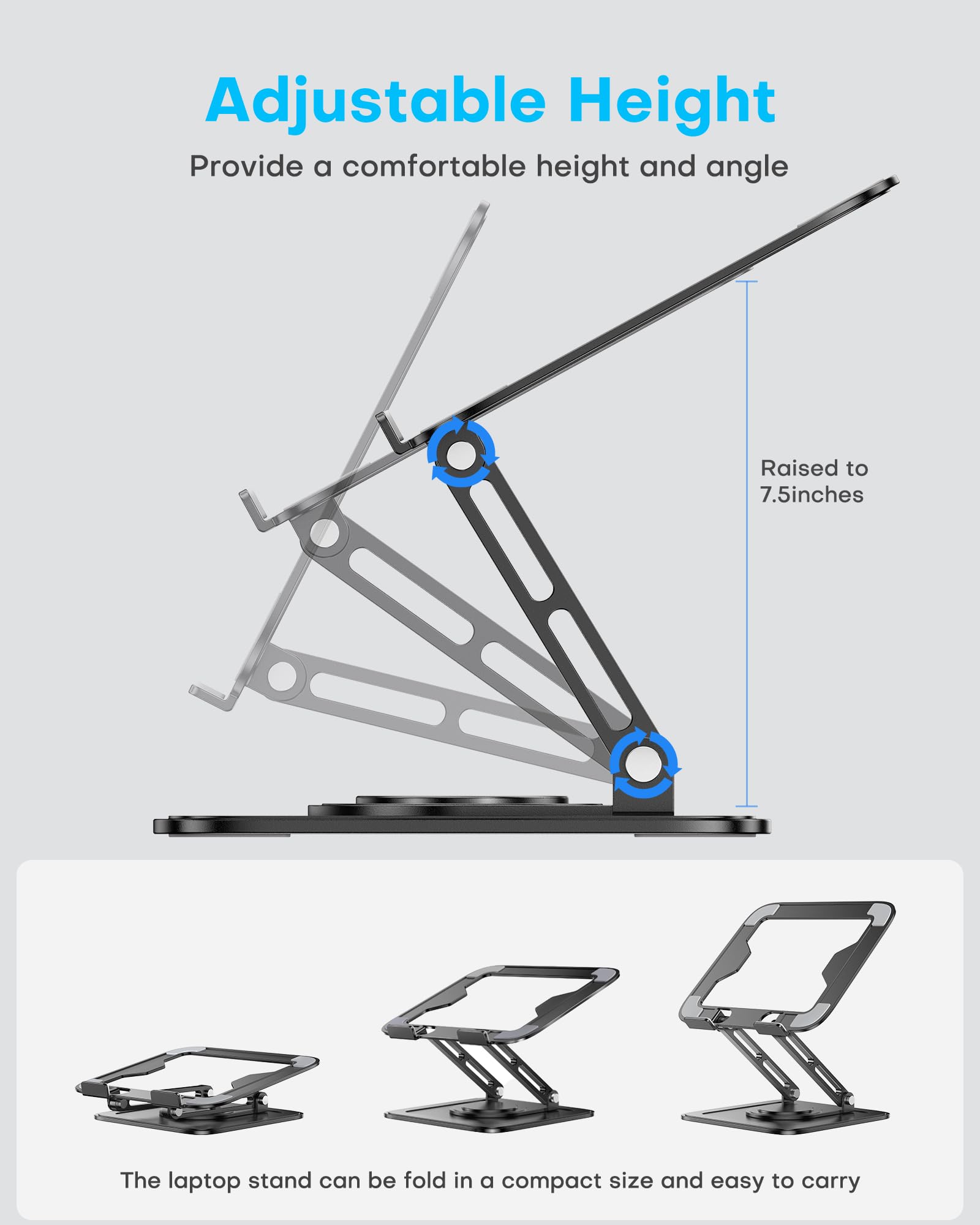 Ergonomic Adjustable Laptop Stand with 360° Rotating Base - Foldable Portable Computer Riser for MacBook Pro/Air (10-16 Inch) - Perfect for Home Office, Gaming & Workspace Setup - Black