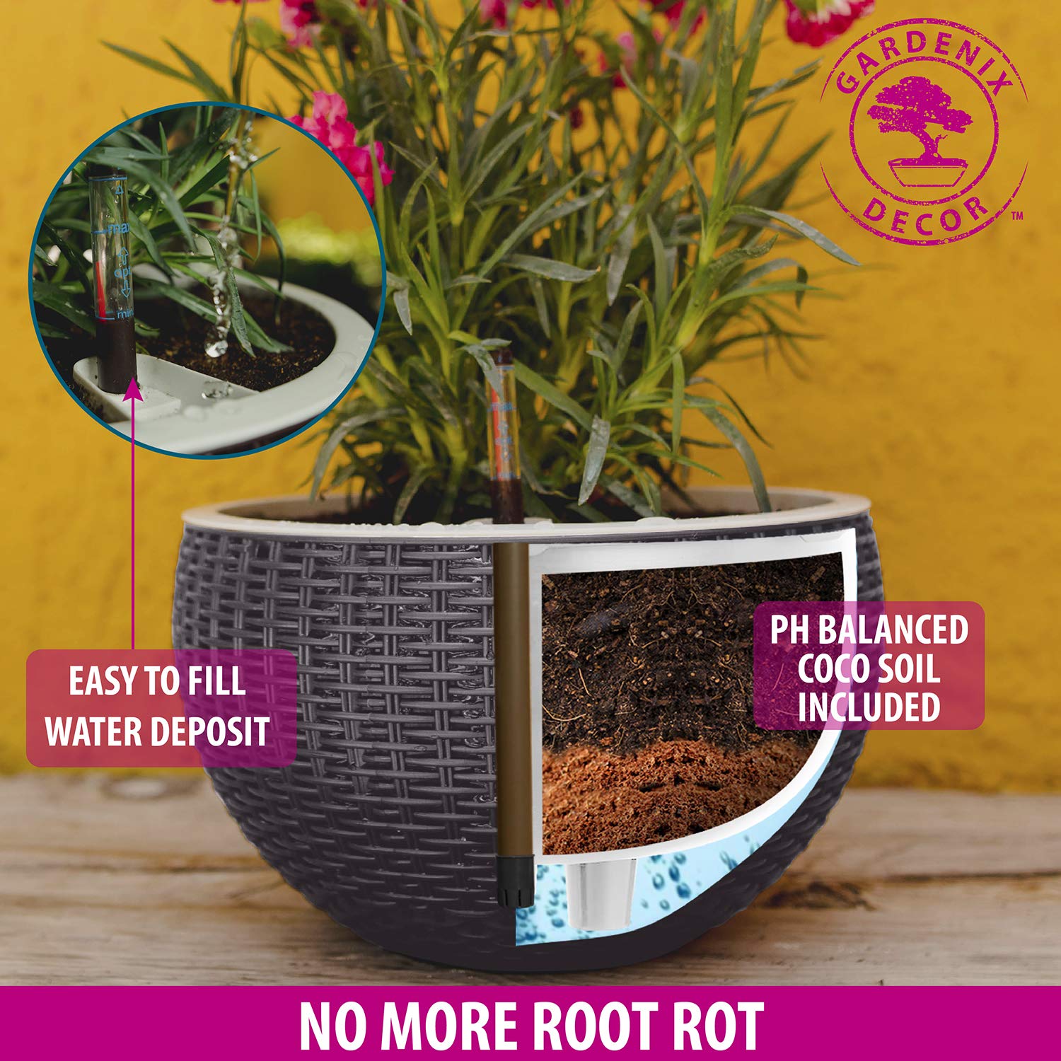 GARDENIX DECOR 11'' Self Watering Hanging Planters for Indoor Plants - Flower Pot with Water Level Indicator - Coco Coir Round Planter (1 Pack, Gray) - Perfect for Home, Office, Balcony & Garden Decor