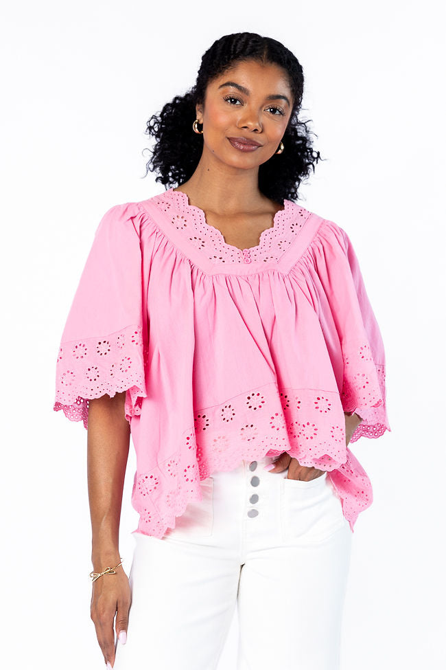 Stylish Pink Eyelet Detail Popover Short Sleeve Blouse for Women - Perfect for Summer Outfits, Office Wear & Casual Dates