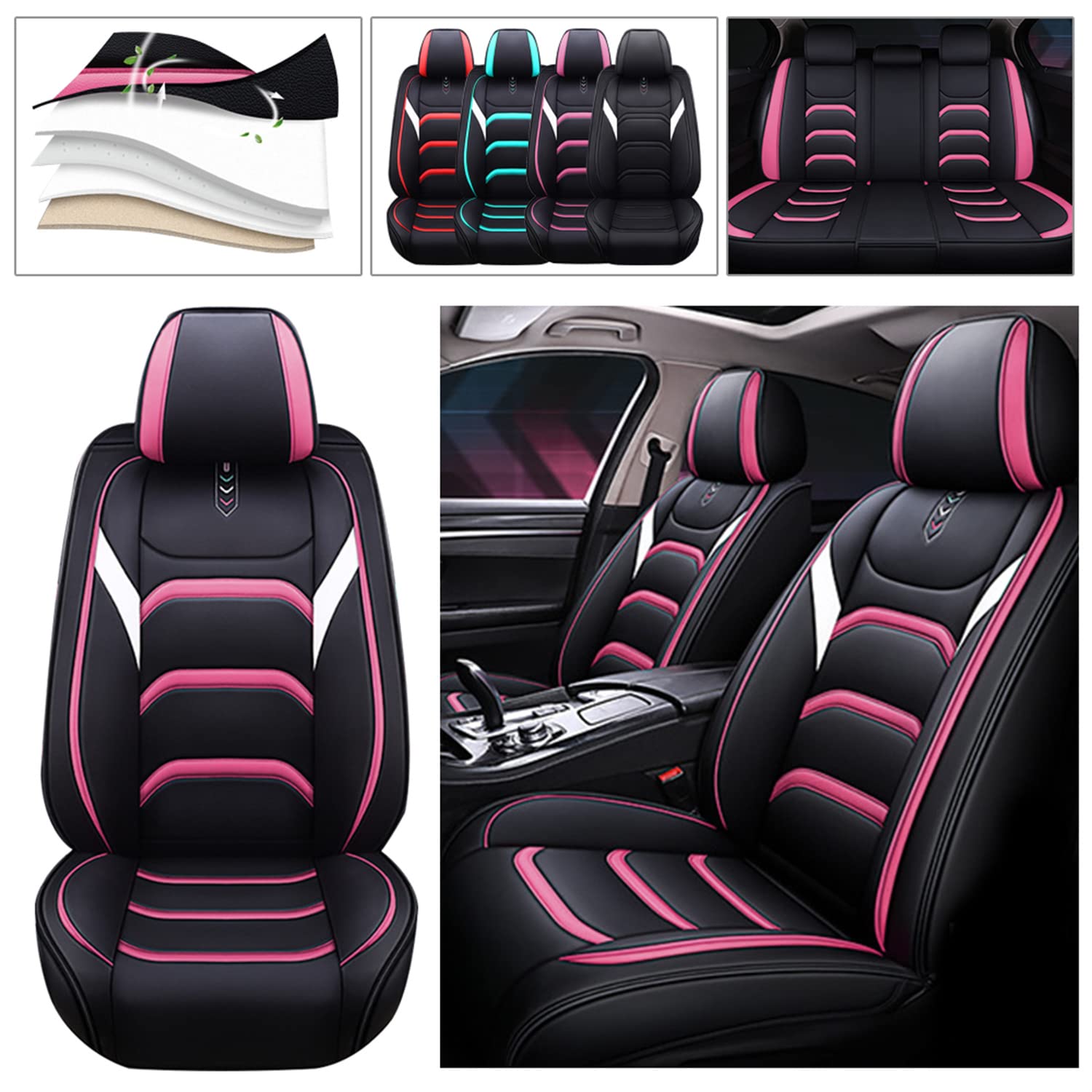 Universal Fit 5-Seat Car Seat Covers - Full Set Waterproof Leather Protector for Front & Rear Seats | Adjustable, Removable & Airbag Compatible Auto Cushions | Perfect for SUVs, Trucks & Sedans | Road Trips, Daily Commute & Family Protection