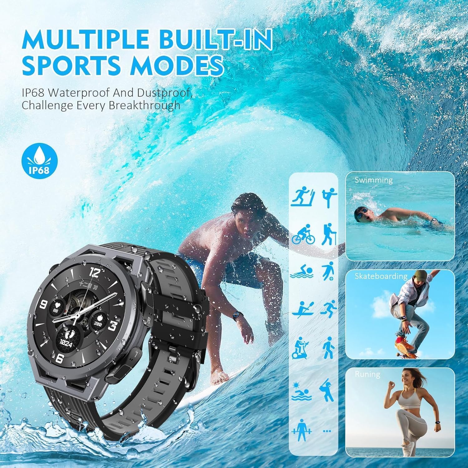 5-in-1 Waterproof Smart Watch with Wireless Earbuds - Bluetooth Fitness Tracker, MP3 Player & Speaker for Android iOS - Make Calls, Sleep Monitoring - Perfect for Running, Swimming & Daily Use