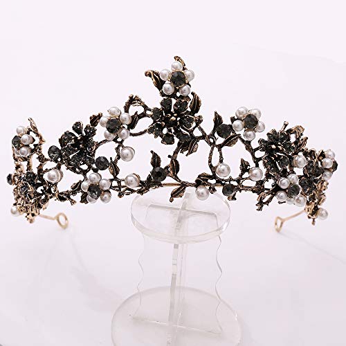 Baroque Vintage Crystal Pearl Crown Tiara for Women - Rhinestone Bridal Hair Jewelry, Wedding Pageant Diadem Veil Accessory (Black Metal) | Perfect for Weddings, Proms & Special Occasions
