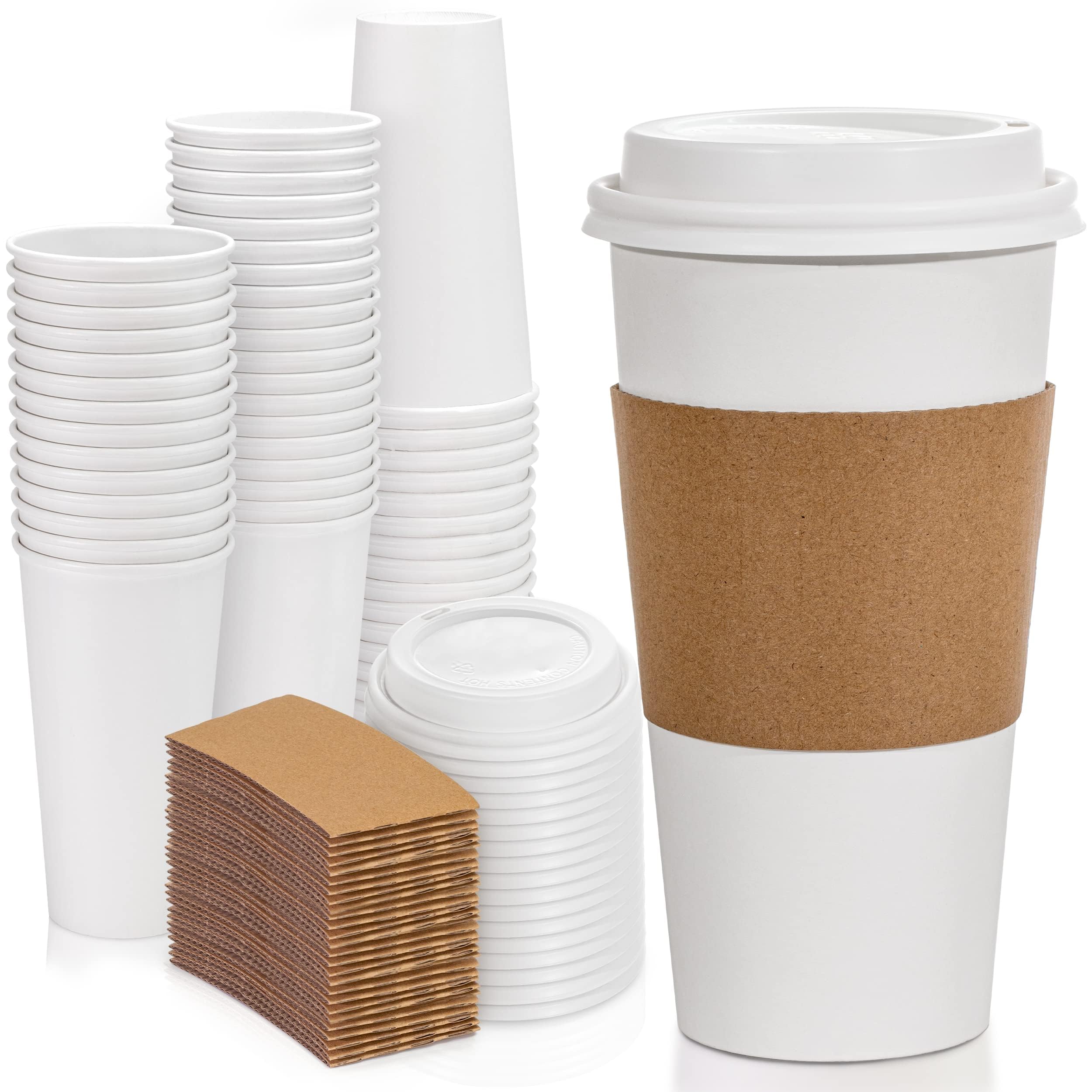50-Pack 20oz Disposable Coffee Cups with Lids & Sleeves - Leak-Proof To-Go Hot Paper Cups for Coffee, Tea, Hot Chocolate - Ideal for Home, Office, Cafes, Parties, and Food Businesses - BPA-Free & Durable