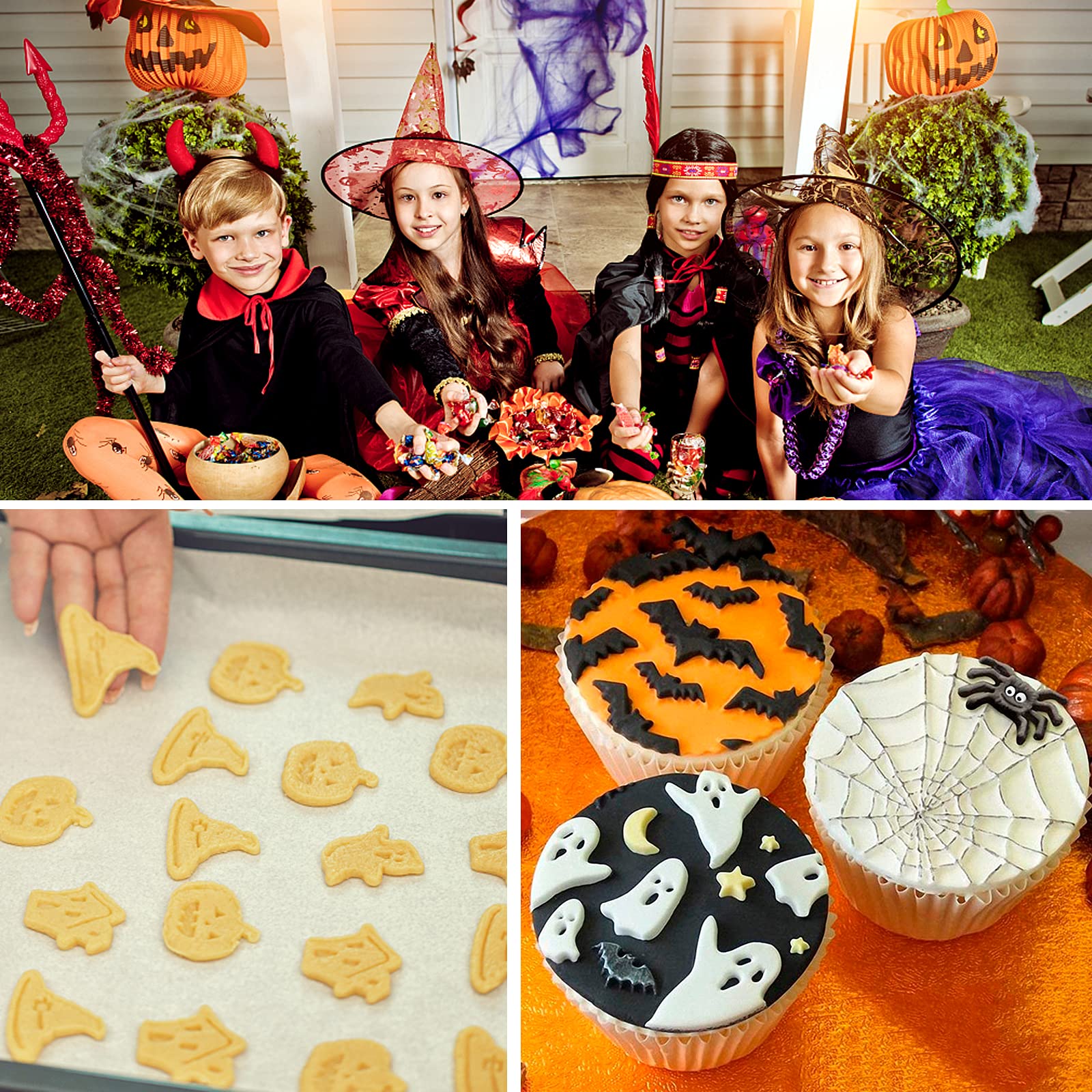 7 Pcs Halloween Fondant Molds Set - Mini Silicone Baking Molds for Chocolate, Candy, Polymer Clay (Skeleton Hand, Skull, Pumpkin, Spider, Ghost, Witch) - Perfect for Halloween Party Cupcake Decorations & DIY Crafts