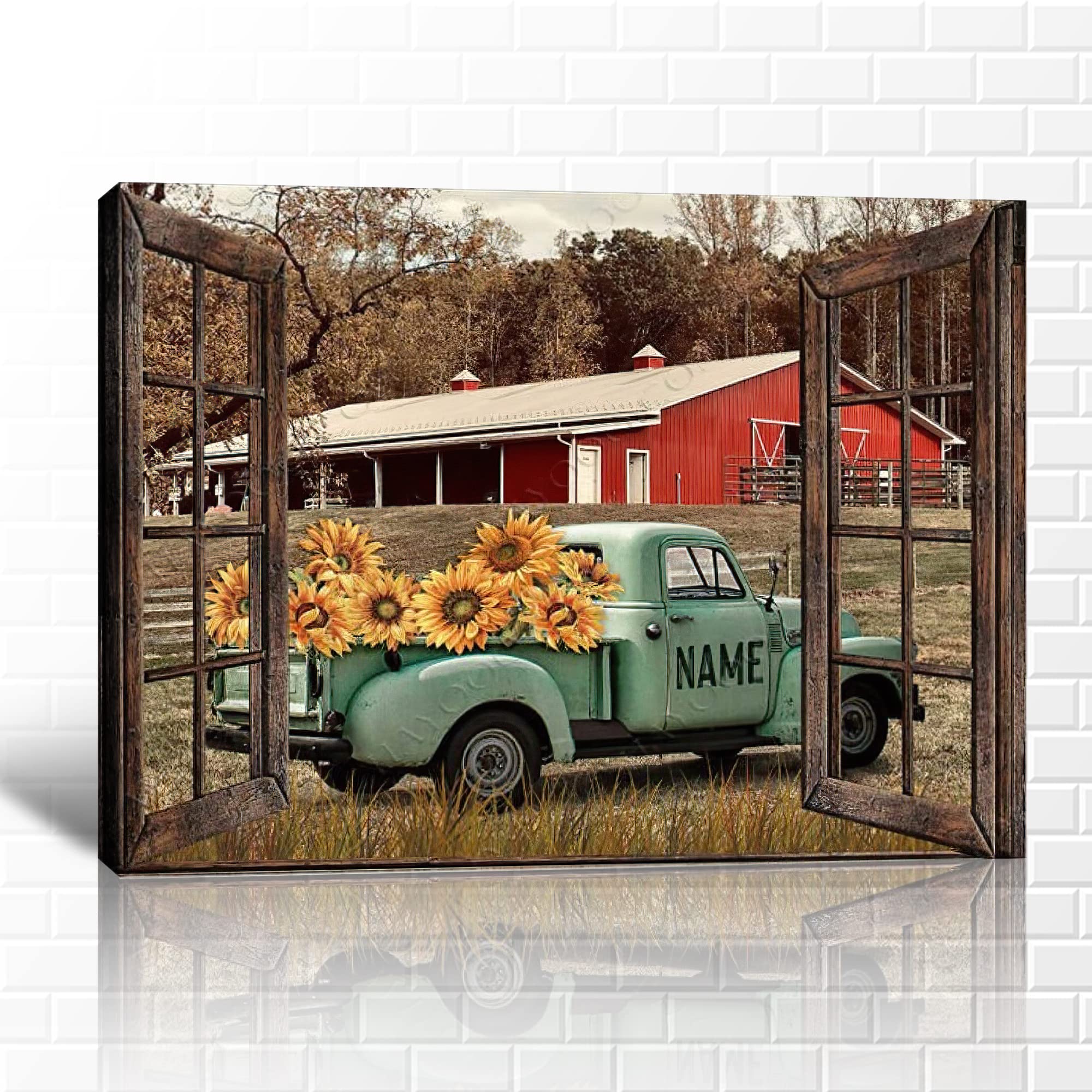 Farmhouse Truck Wall Art - Vintage Window Truck Canvas Prints, Rustic Barn Pictures for Home Decor, Old Truck Painting, Country Car Poster Framed Artwork (32x48 Inches) - Perfect for Living Room, Bedroom, Office & Country Style Interior Design