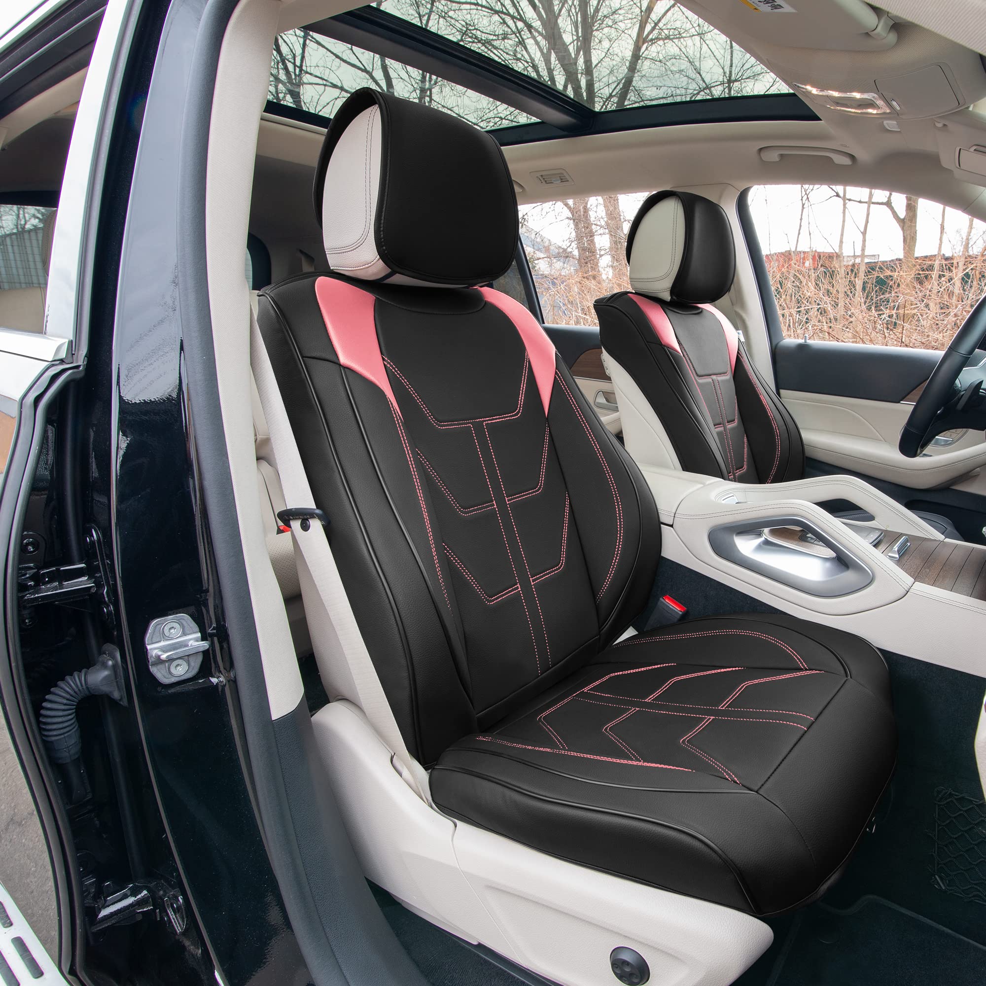TLH Bionic70 Deluxe Faux Leather Pink Car Seat Covers with Contrast Stitching – 2 Pack Universal Fit Waterproof Seat Protectors for Cars, Trucks & SUVs | Front Set Cushion for Comfort & Style | Perfect for Daily Commute, Road Trips & Pet Protection