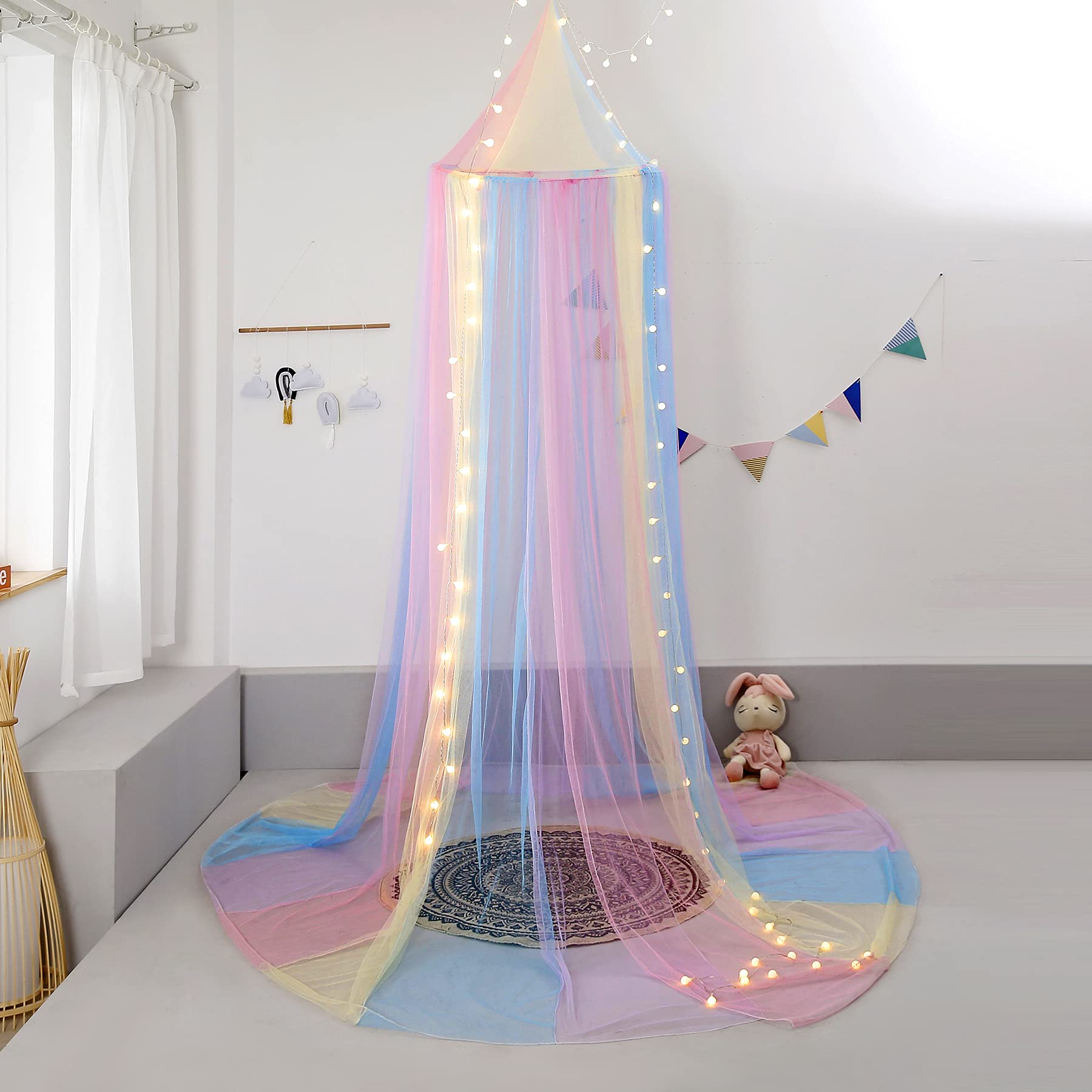 Rainbow Bed Canopy with LED Lights - Princess Bed Canopy for Girls Room, Twin/Full/Queen Size Bed Netting - Perfect for Bedroom Decor, Reading Nook & Dreamy Sleep Space