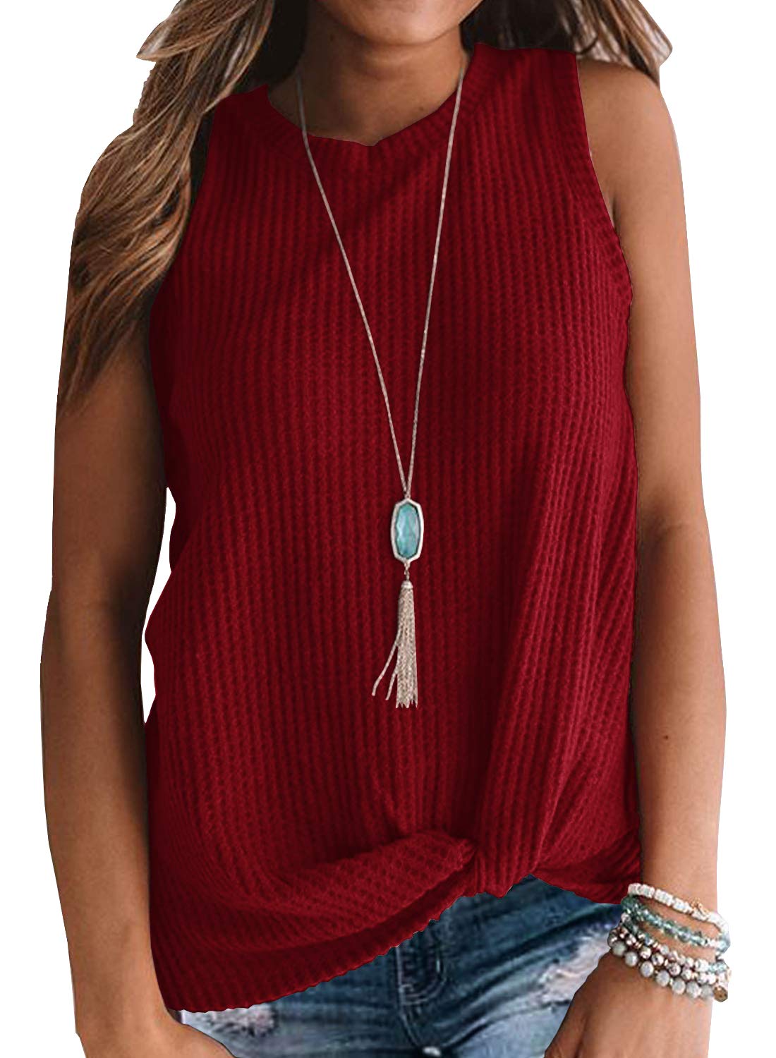IWOLLENCE Women's Waffle Knit Tunic Top - Sleeveless Casual Blouse with Twist Knot Detail | Cute Summer Tank Tops for Beach, Vacation & Everyday Wear