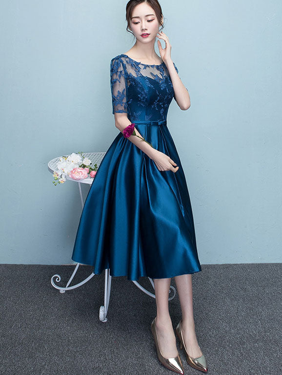 Royal Blue Fit & Flare Tea Length Illusion Party Dress - Elegant Formal Gown for Prom, Homecoming, Cocktail & Evening Events | Perfect for Weddings, Dances & Special Occasions