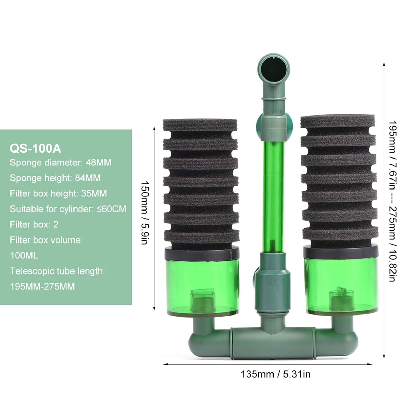 GLOGLOW Aquarium Sponge Filter - Dual Head Air Pump Foam Filter for Fish Tanks (QS-100A) - Perfect for Freshwater & Saltwater Aquariums