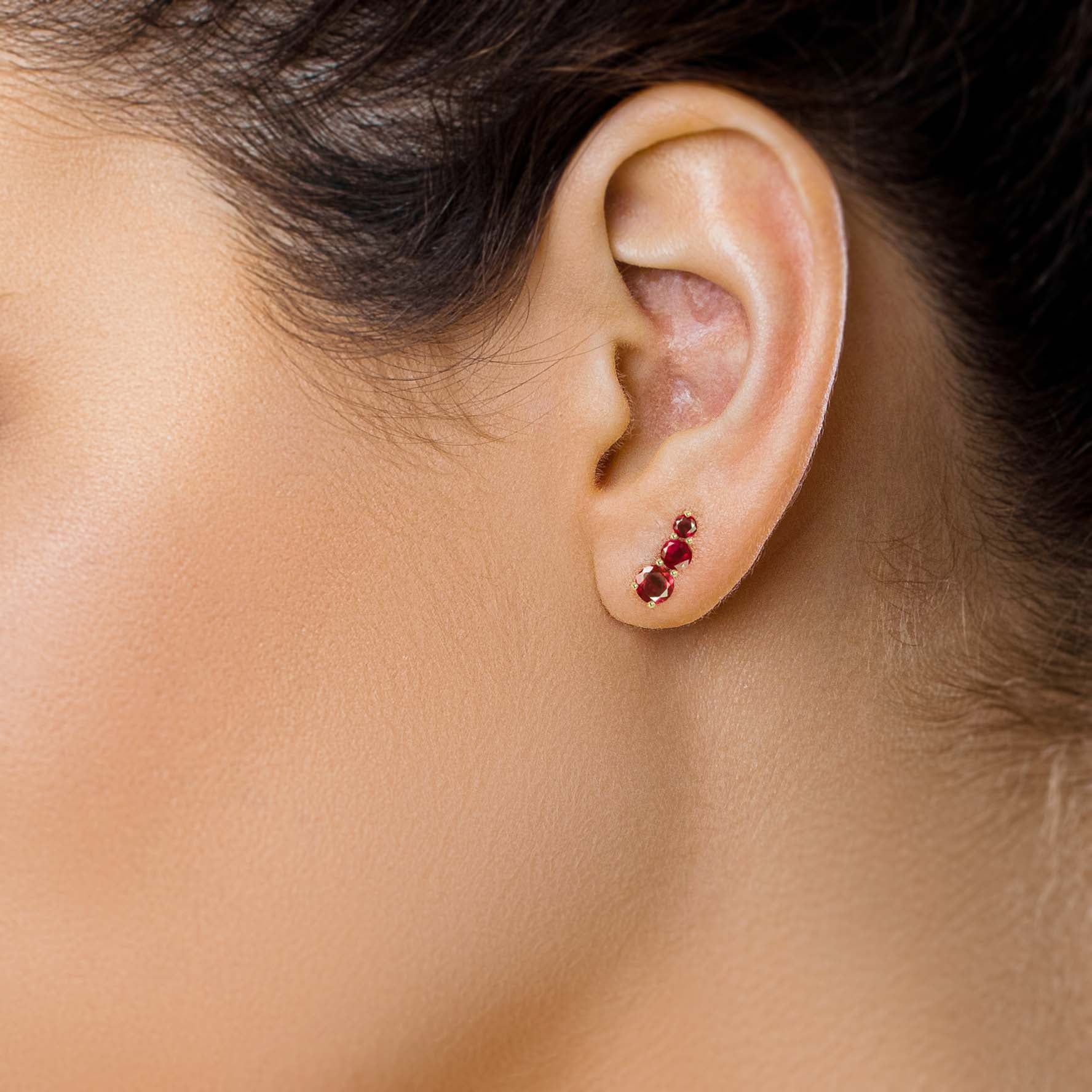 Natural Three Stone Red Ruby Stud Earrings for Women - 14K Gold Plated Elegant Jewelry Gift for Birthday, Anniversary & Special Occasions