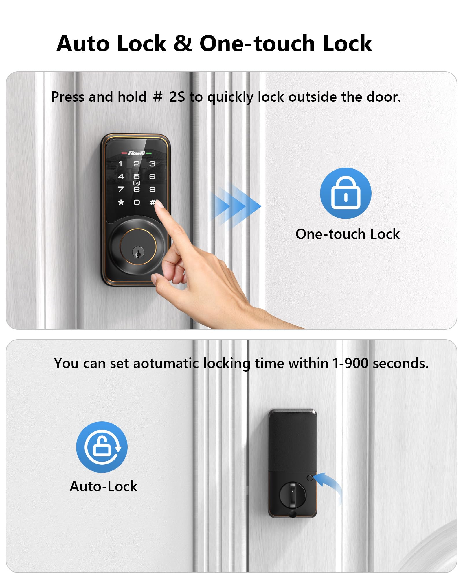 Zowill WiFi Smart Lock - Keyless Entry Door Lock with APP Control, Touchscreen Keypad, Auto-Lock Smart Deadbolt for Front Door - Home Security & Smart Home Automation (Includes G2 Gateway) - Perfect for Vacation Homes, Rentals & Smart Home Integration