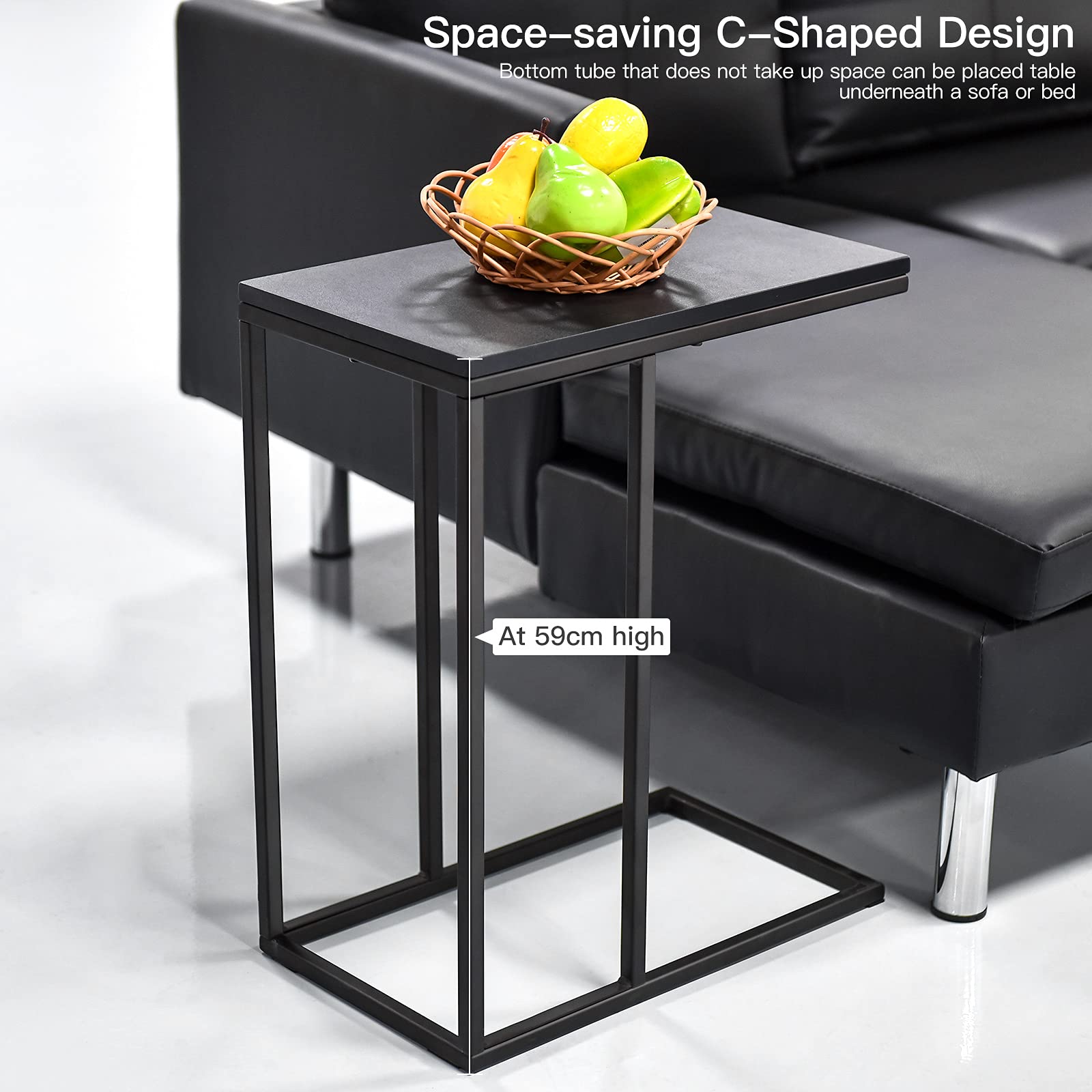 Hysache Industrial Narrow C-Shaped Side Table with Metal Frame & Rectangle MDF Top - Black End Table for Couch, Sofa, Living Room, Bedroom & Home Office - Perfect for Small Spaces, Reading Nooks & Coffee Cup Placement (HW54186)