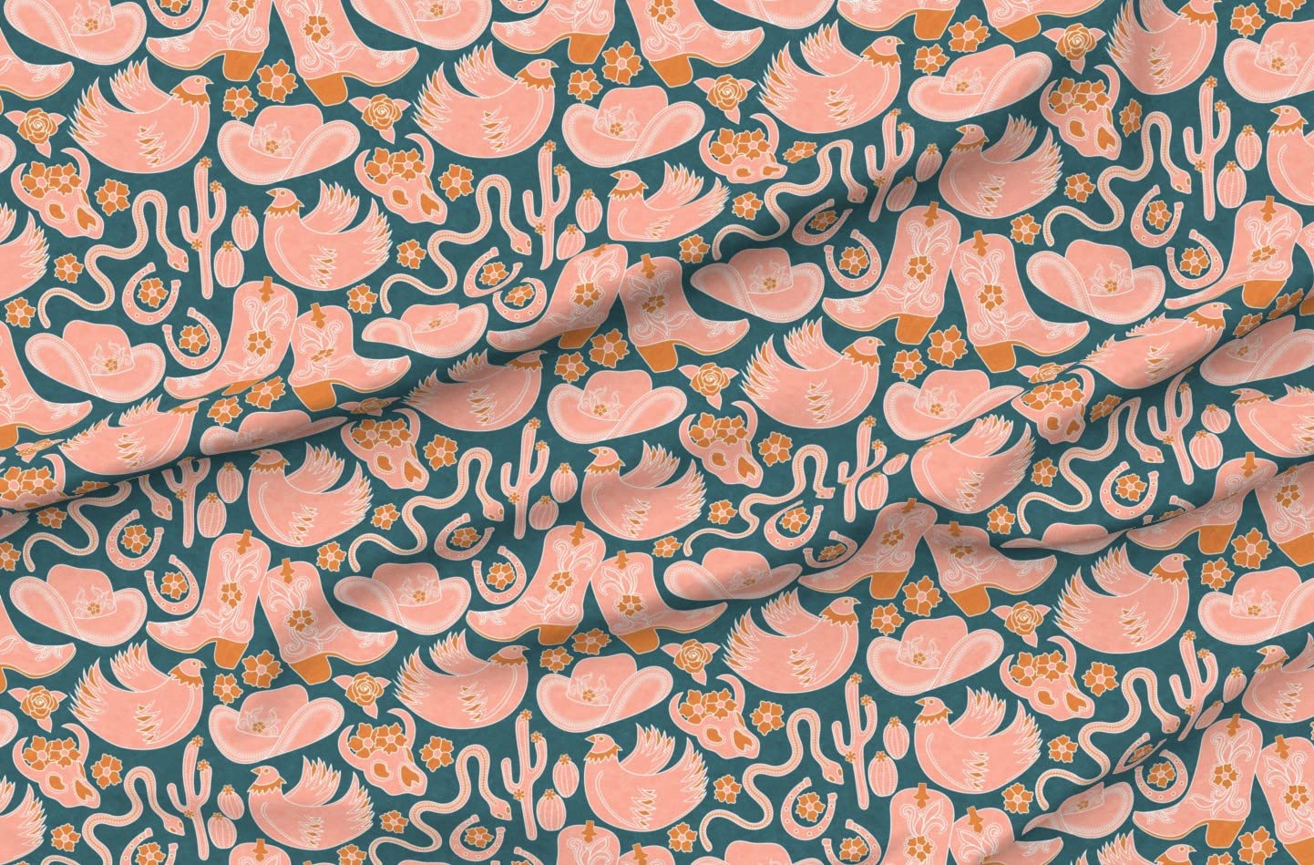 Feminine Western Rustic Country Blush Gold Floral Printed Denim Fabric by The Yard - Bottomweight Cotton Material for Cowgirl Apparel, Home Decor & Upholstery | Perfect for DIY Dresses, Curtains, Throw Pillows & Western-Themed Crafts