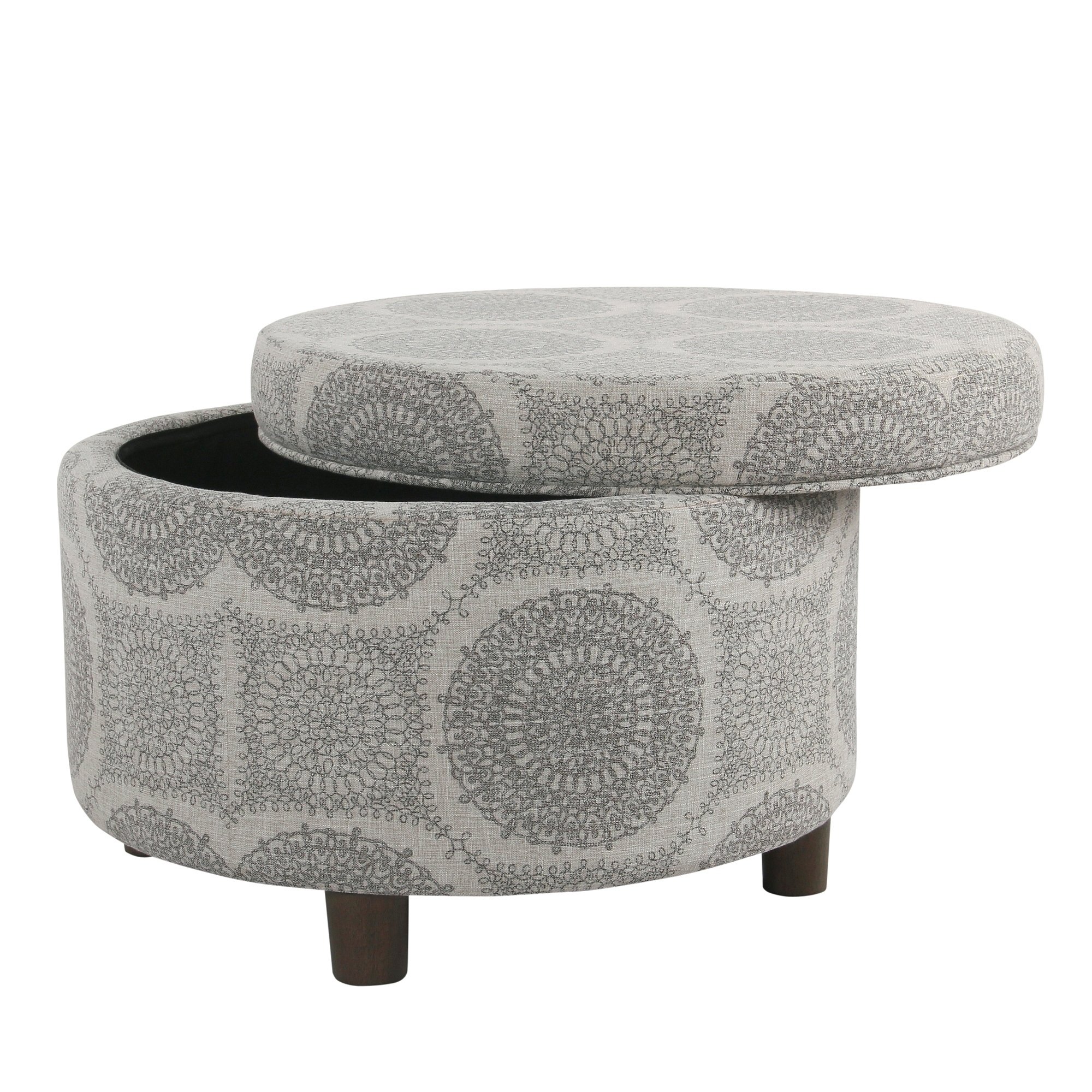 Homepop Round Storage Ottoman with Upholstered Fabric, Grey Medallion Design - 24