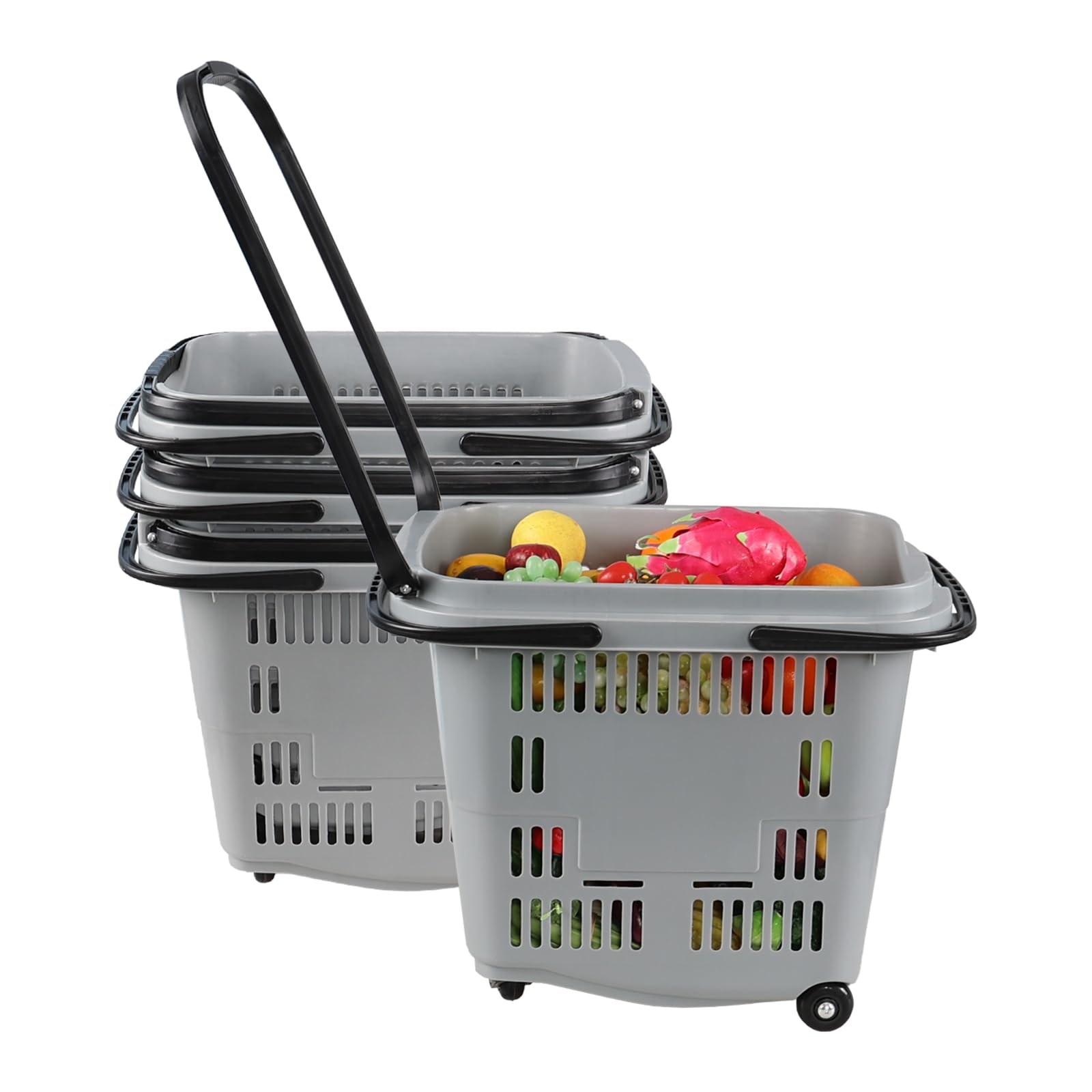 4-Pack Large Wheeled Shopping Basket with Carry Handle - 50L Plastic Grocery Cart for Supermarket, Warehouse & Home Use - Durable Gray Utility Basket for Shopping, Storage & Organization