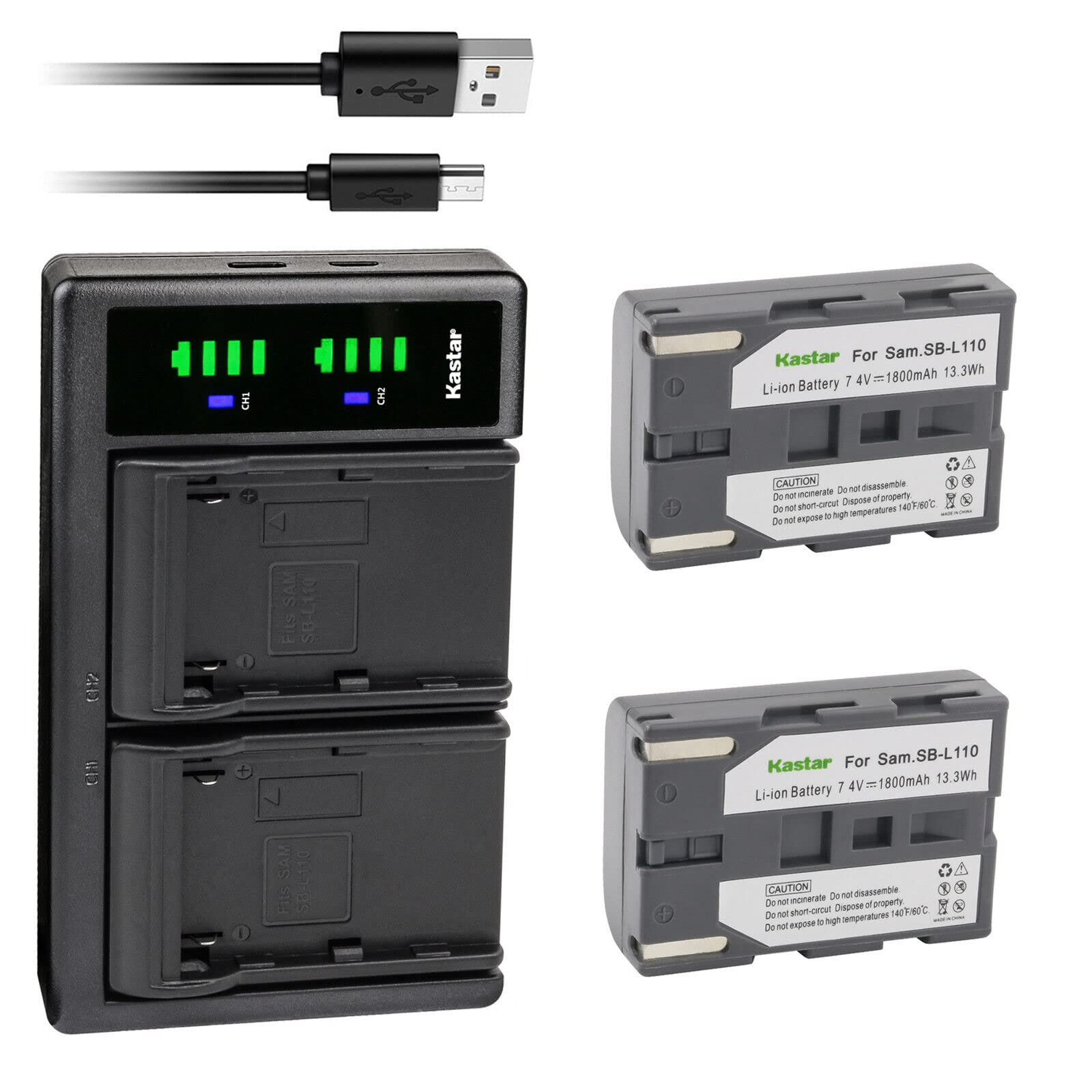 Kastar 2-Pack SB-L110 Replacement Battery & LTD2 USB Charger for Samsung Cameras - Compatible with VP-D87, VP-D903, SC-D130, SC-D180, SC-D530, SC-D590 Models - Perfect for Travel, Vlogging, and Outdoor Photography