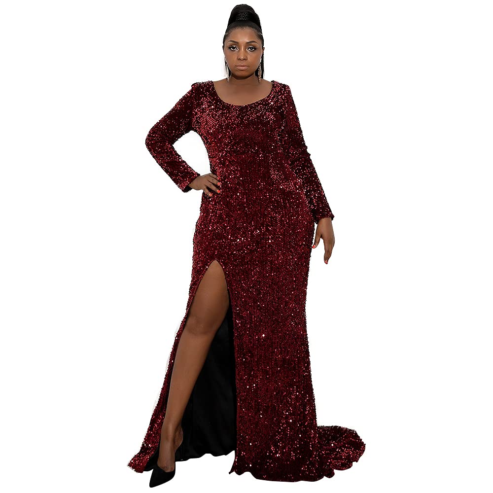 Yesexy Women's Plus Size Formal Evening Dress - Long Sleeve High Slit Sequin Prom Gown in Wine Red | Perfect for Cocktail Parties, Weddings & Special Occasions