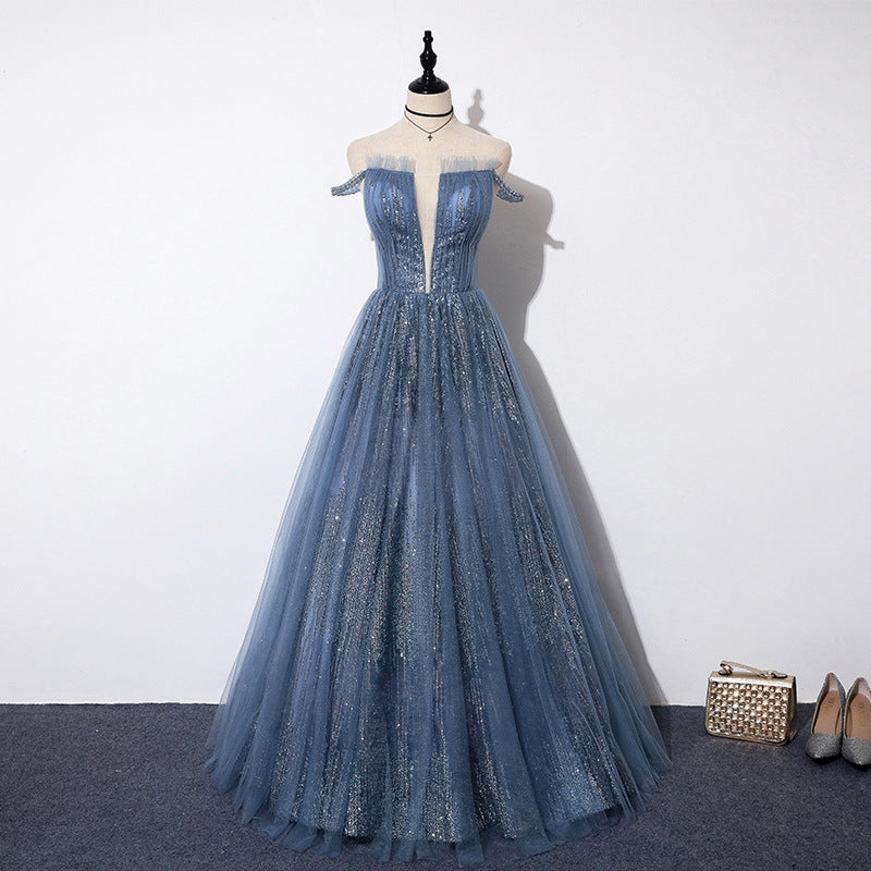 Elegant Off Shoulder Deep V Neck Prom Dress - A-Line Blue Evening Party Gown for Women | Perfect for Homecoming, Prom Night & Formal Events
