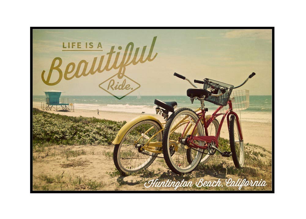 California Huntington Beach Wall Art - 'Life is a Beautiful Ride' Beach Cruiser Framed Canvas Print 36x24 Inches - Perfect for Coastal Home Decor & Surfing Enthusiasts