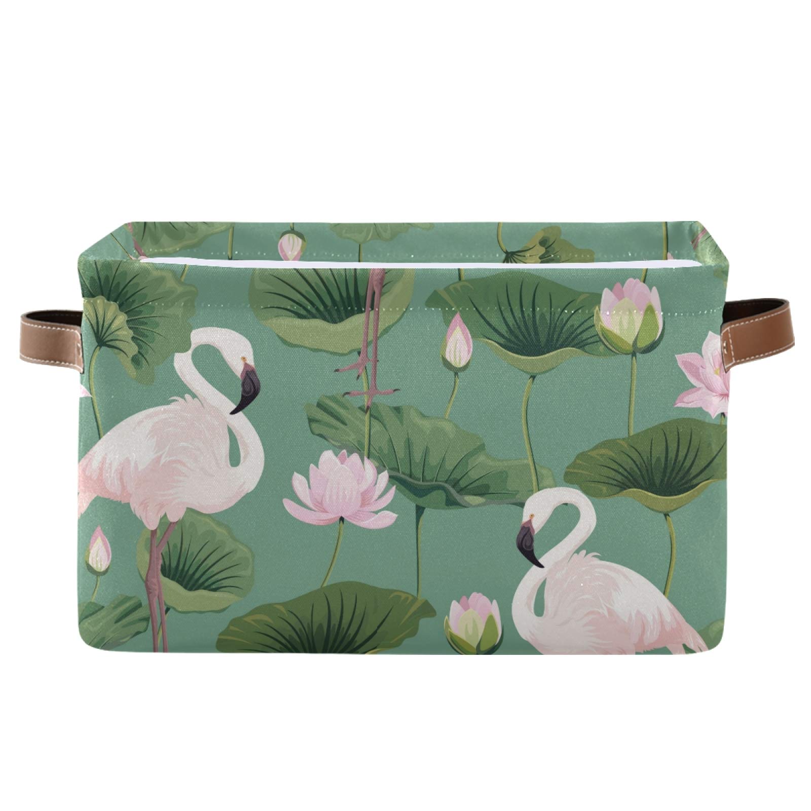 Susiyo Large Foldable Storage Bin - Pink Flamingo Lotus Fabric Collapsible Basket with PU Handles for Home Organization (1-Pack) | Perfect for Shelves, Closet, Bedroom & Living Room Storage