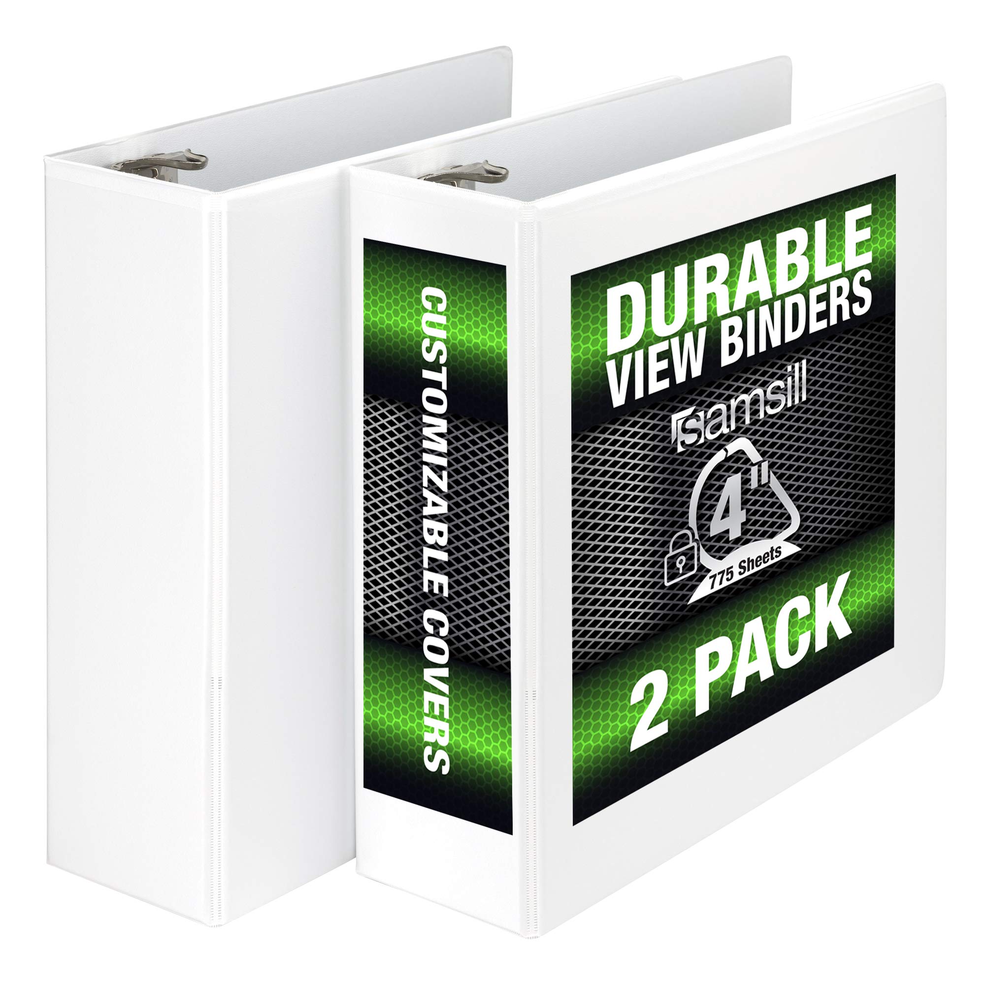 Samsill 4 Inch Durable Binder with Locking D-Rings - Made in USA, Customizable Clear View, Holds 775 Pages (2 Pack, White) - Perfect for Office, School, and Document Organization