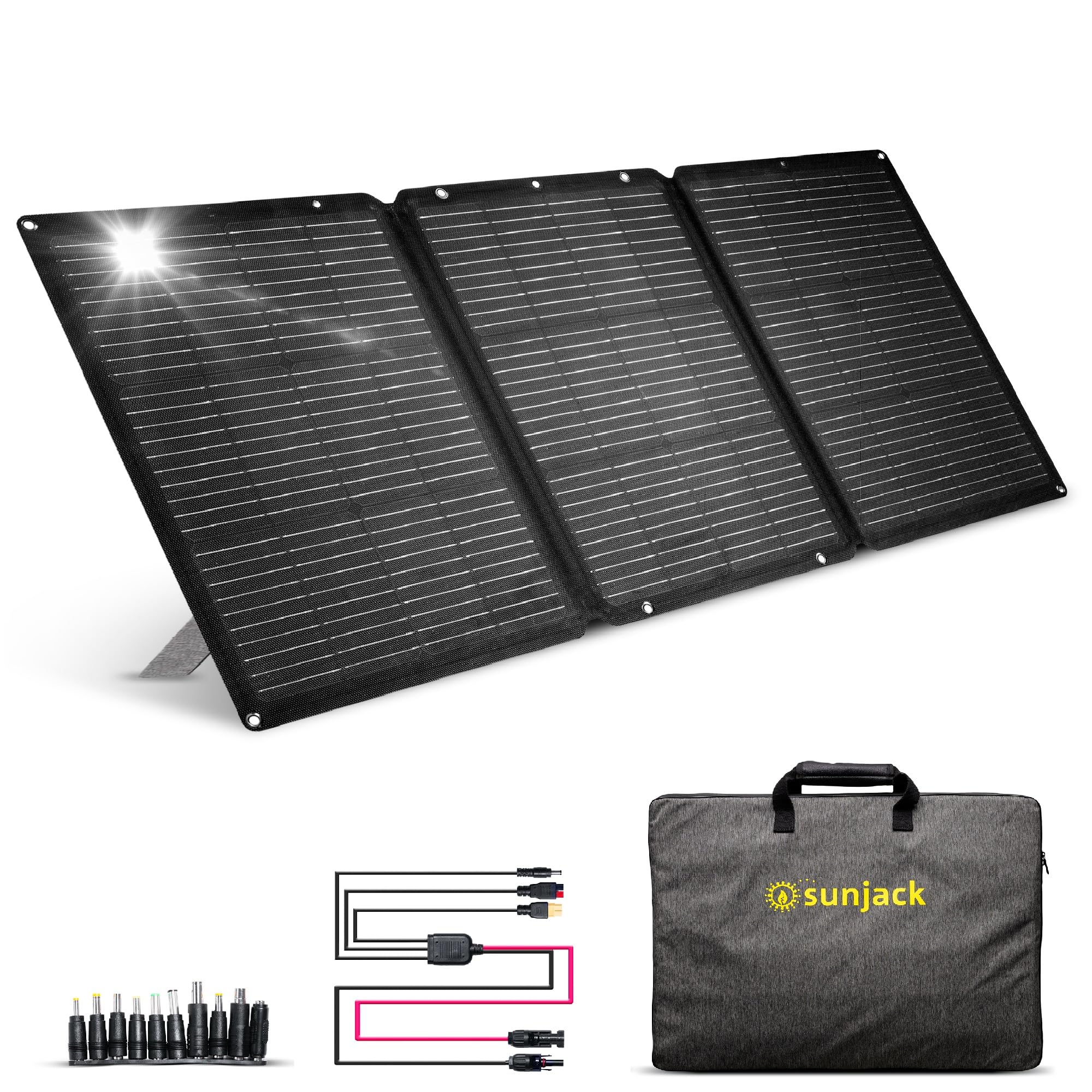 SunJack 120W Folding Portable Solar Panel with Kickstands | MC4/PD60 USB-C/USA Charger | IP67 Waterproof for Power Stations, Generators & Outdoor Use | Perfect for Off-Grid Living, Camping, RV Trips & Emergency Power Outages | Charge Your Devices Anywhere Under the Sun