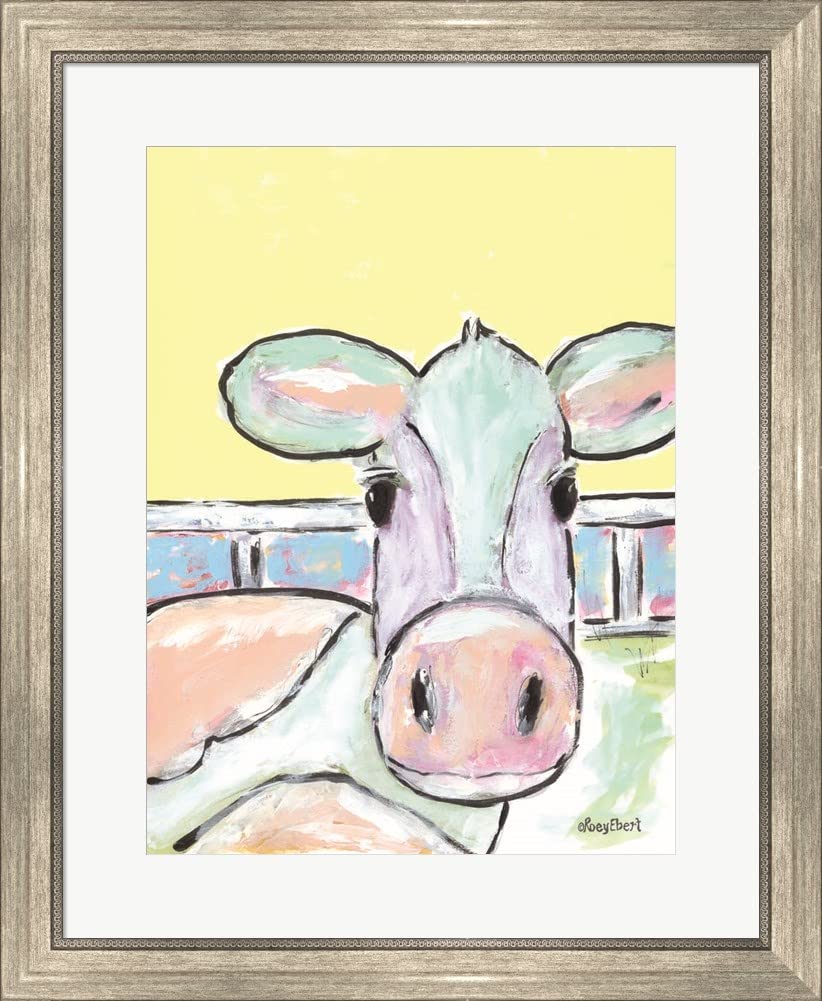 Roey Ebert Moo Moo Framed Art Print - Silver Scoop Frame 23x28 Inches - Perfect for Nursery, Kids Room & Farmhouse Decor