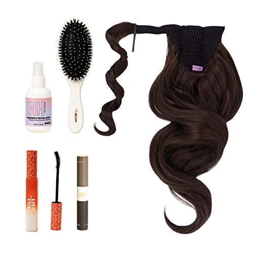 INH Jordynn 18-Inch Clip-In Ponytail Hair Extension with Detangler Spray, Paddle Brush & Finishing Stick - Dark Brown | Voluminous Hairstyles for Parties, Weddings & Everyday Wear