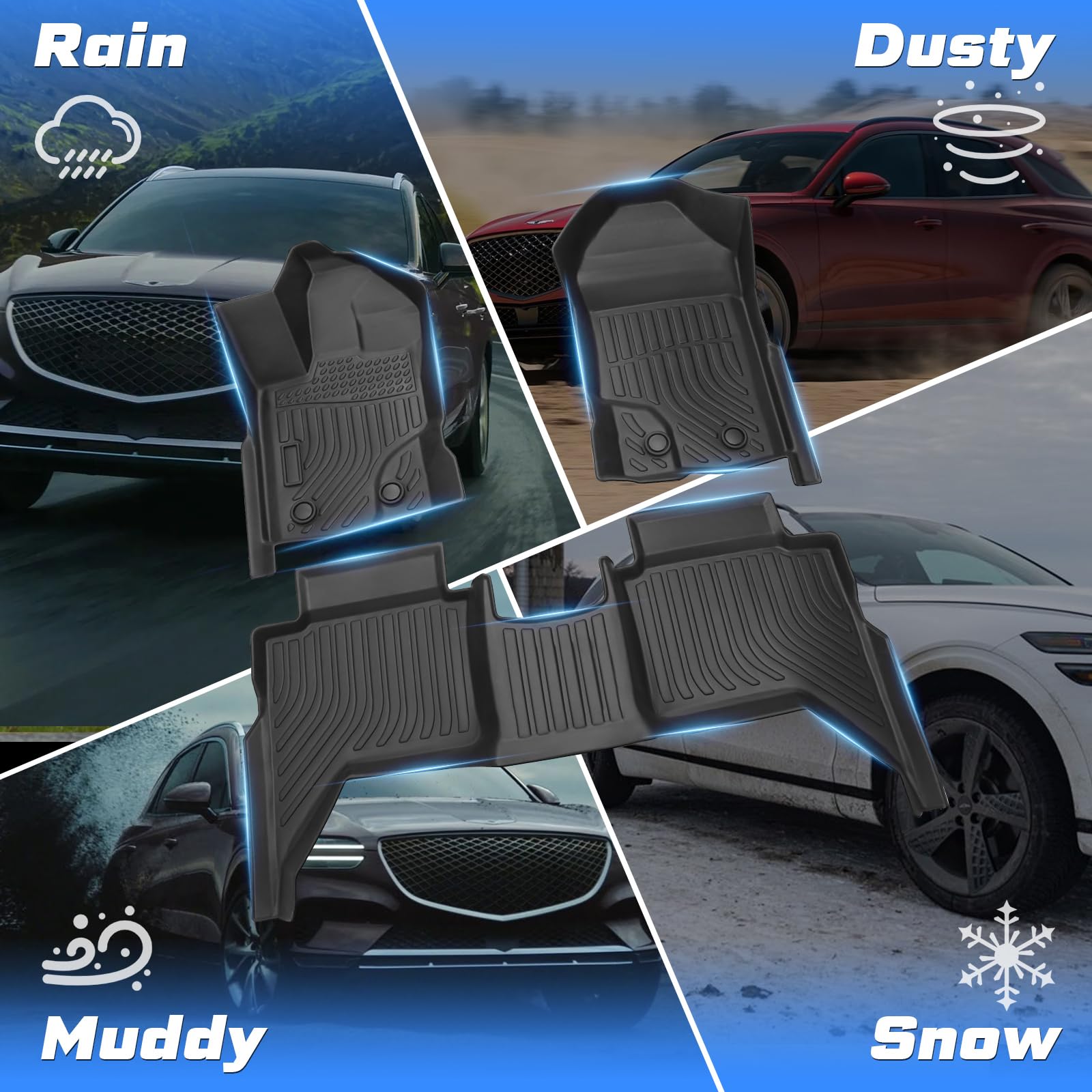 2019-2023 Ford Ranger SuperCrew All Weather Floor Mats - Heavy Duty 3PCS Front & 2nd Row Car Mats Set, Non-Slip Black Rubber Liners - Perfect for Off-Roading, Camping & Daily Driving Protection