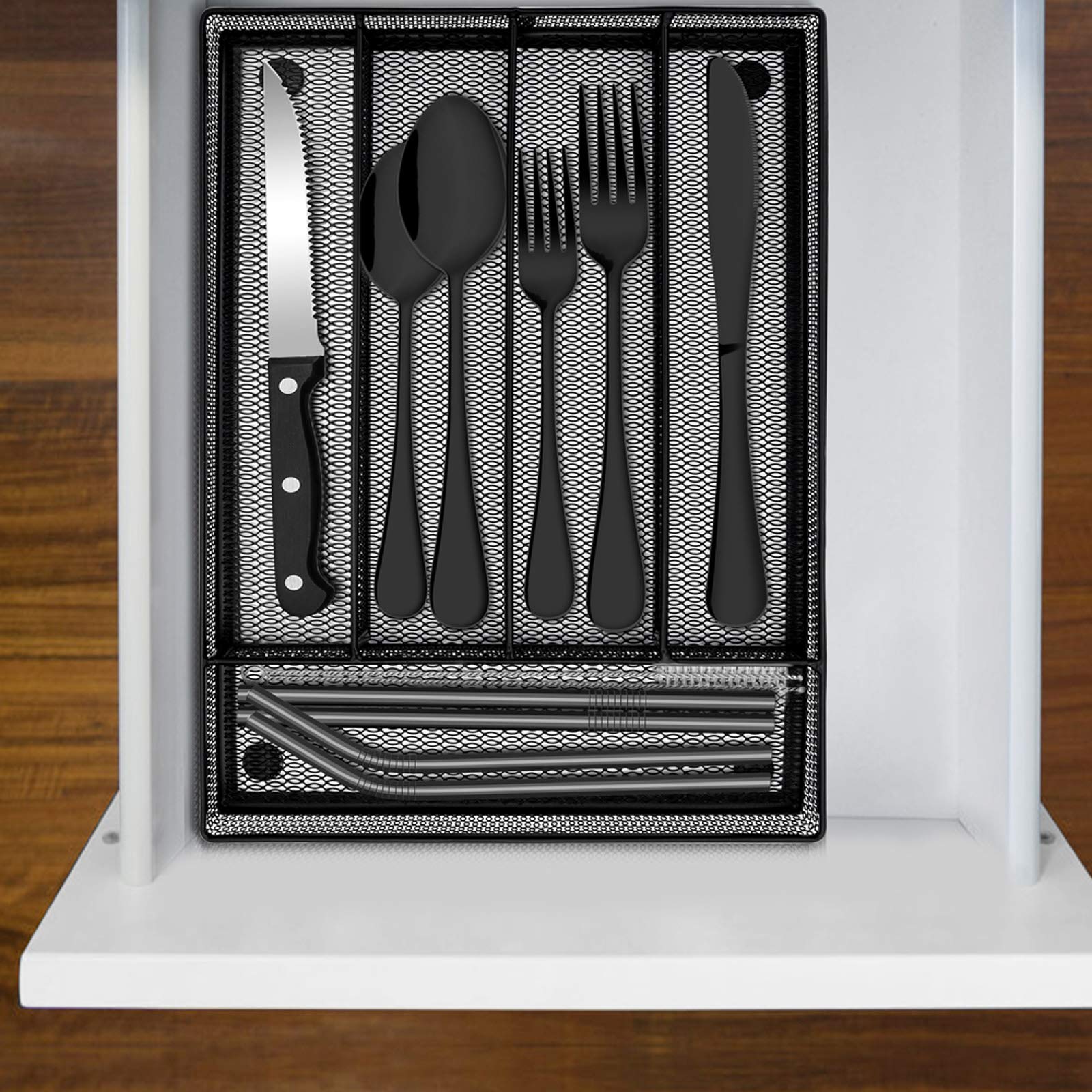 Premium 31-Piece Stainless Steel Flatware Set for 4 - Mirror Polish Silverware with Forks, Spoons, Knives & Steak Knives - Dishwasher Safe Cutlery Set with Utensil Organizer - Perfect for Dinner Parties, Restaurants & Home Dining (Black)