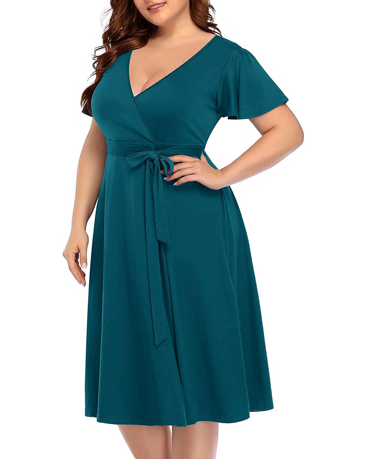 Elegant Plus Size Women's Cocktail Dress for Wedding Guest - Semi Formal Wrap Midi Dress with Empire Waist | Perfect for Parties, Bridal Showers & Special Occasions