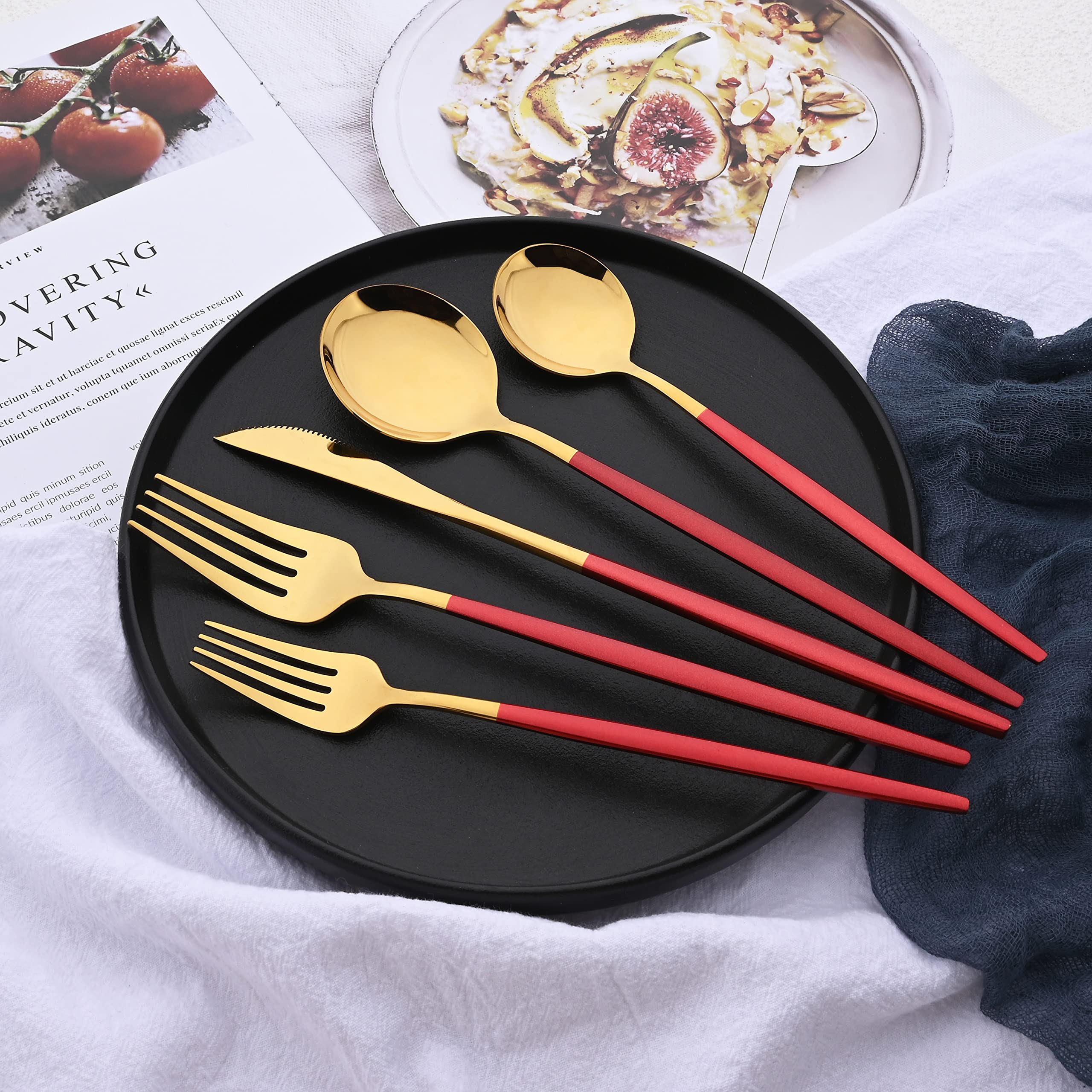 20-Piece Silverware Set for 4 - Stainless Steel Flatware Set with Red Gold Trim - Complete Cutlery Set with Spoons, Knives & Forks - Perfect for Family Dinners, Parties & Everyday Dining