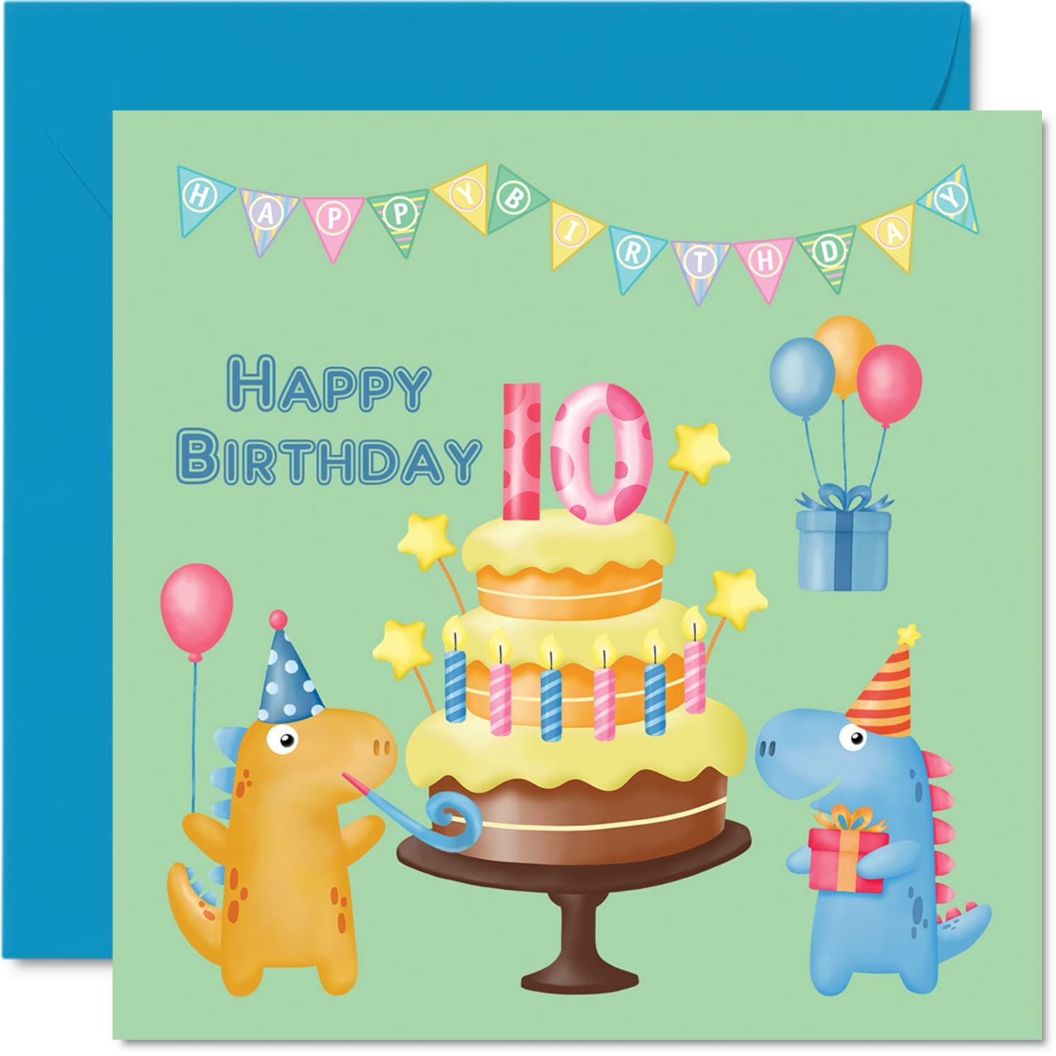 Dinosaur Birthday Card for 10 Year Old Boy - Happy 10th Birthday Greeting Card for Son, Nephew, Grandson - 5.7x5.7 Inch Kids Party Card | Perfect for Birthday Parties, School Events & Special Celebrations